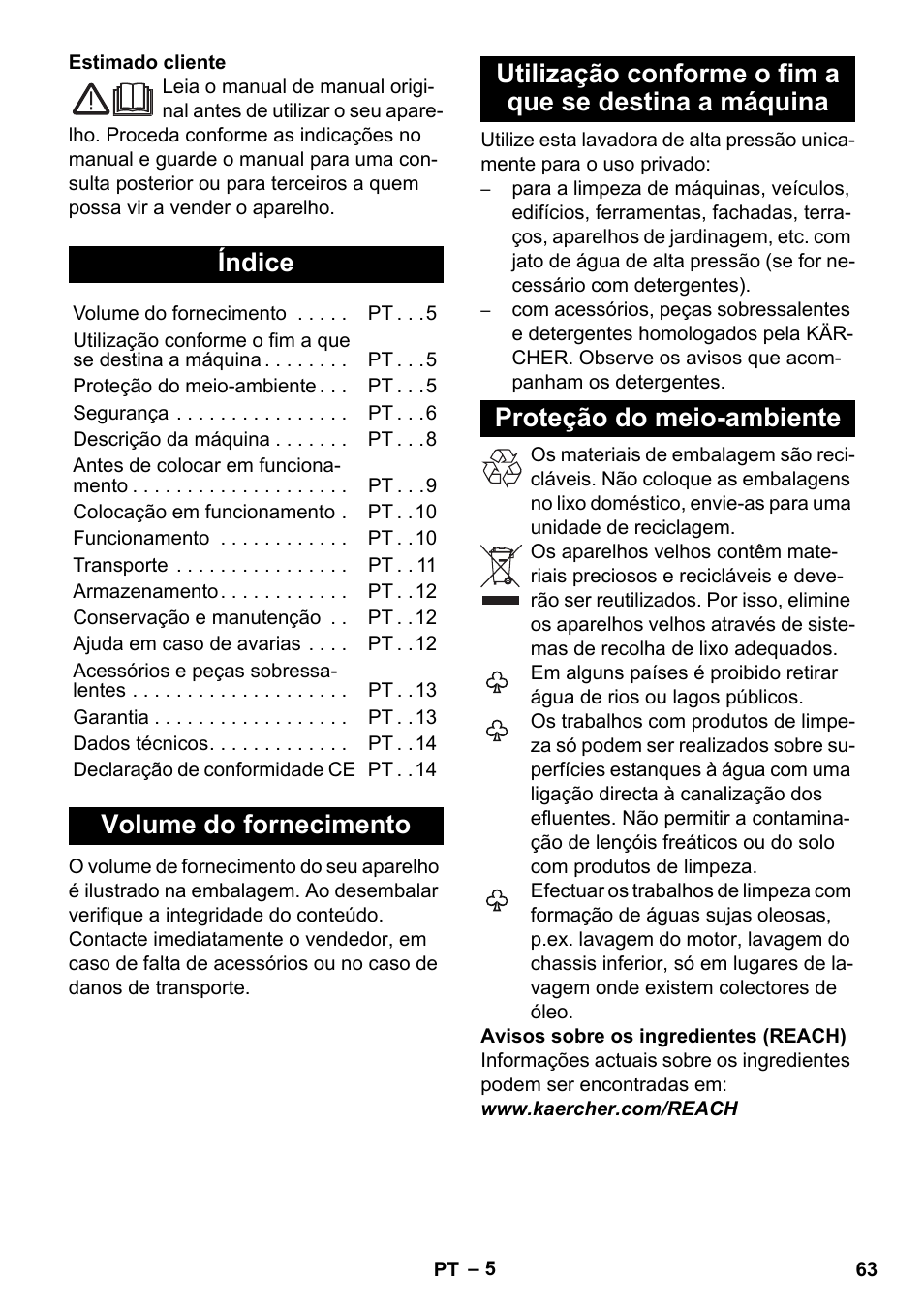 Português, Índice, Volume do fornecimento | Proteção do meio-ambiente | Karcher K 4 Compact User Manual | Page 63 / 274