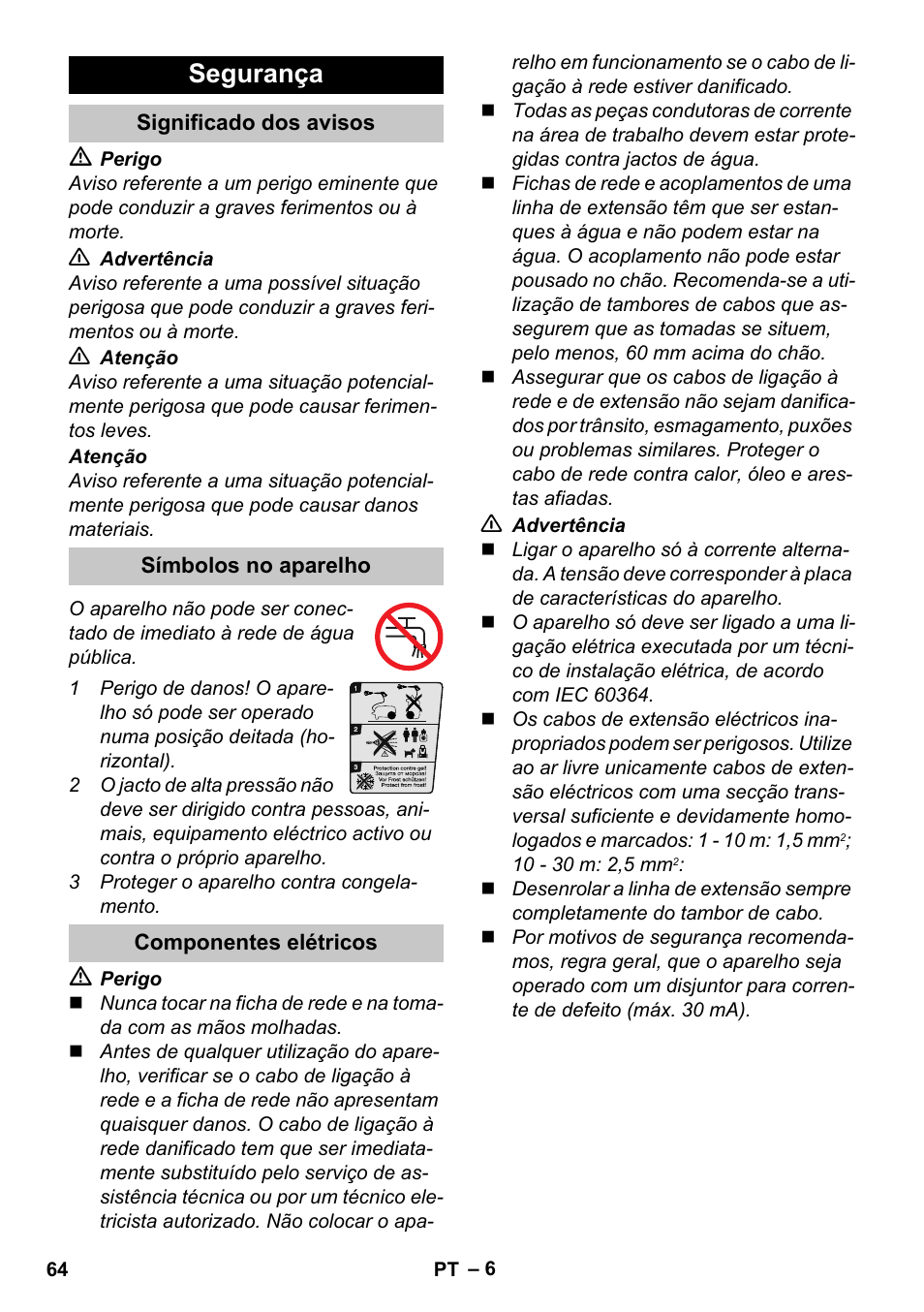 Segurança, Significado dos avisos, Símbolos no aparelho | Componentes elétricos | Karcher K 4 Compact User Manual | Page 64 / 274