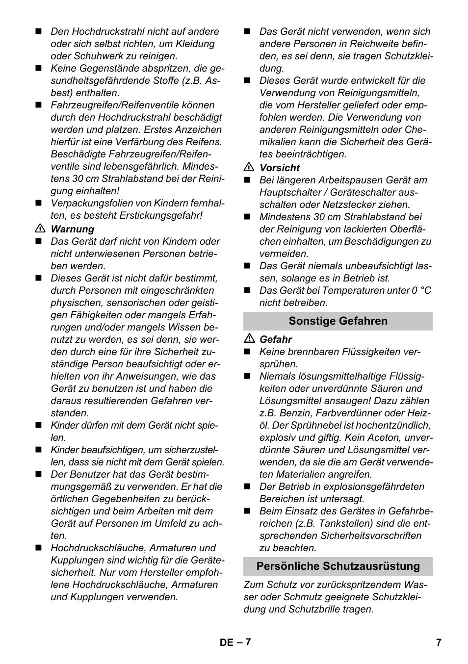 Sonstige gefahren, Persönliche schutzausrüstung | Karcher K 4 Compact User Manual | Page 7 / 274