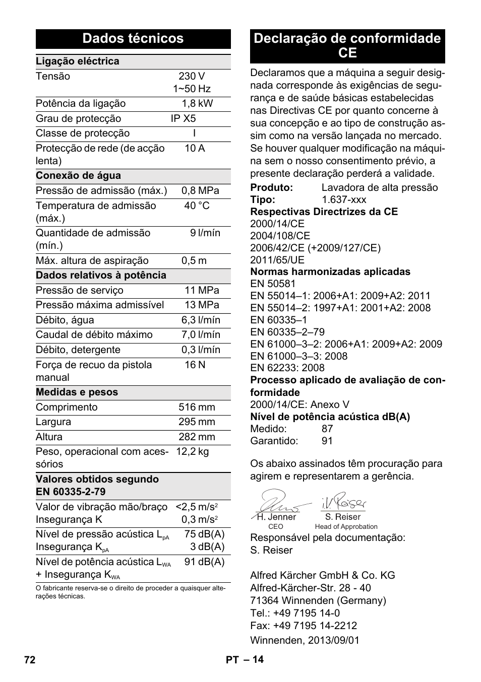 Dados técnicos, Declaração de conformidade ce | Karcher K 4 Compact User Manual | Page 72 / 274