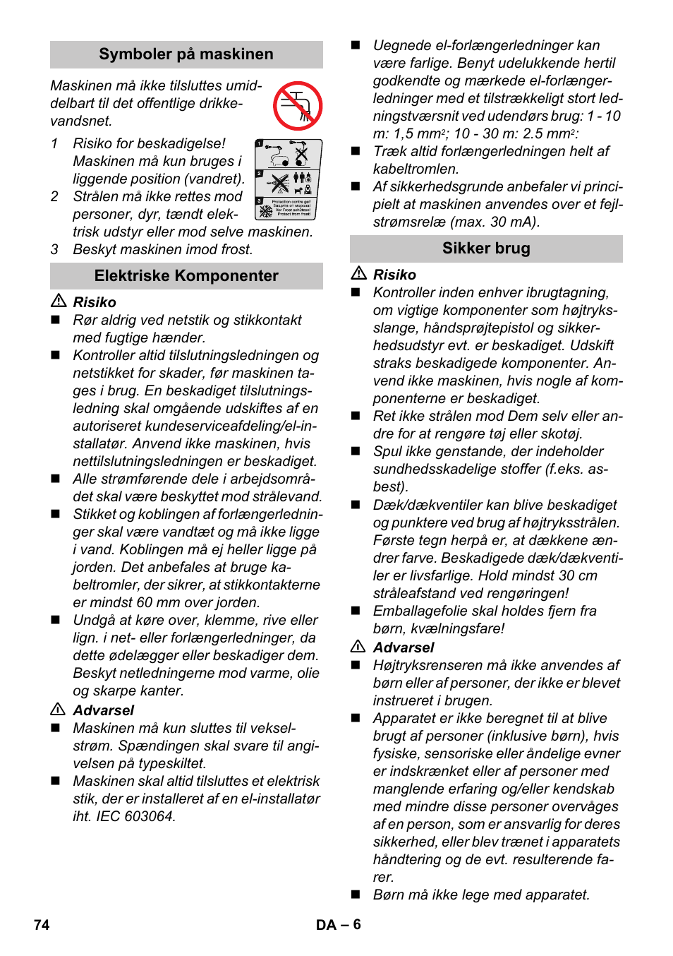 Symboler på maskinen, Elektriske komponenter, Sikker brug | Karcher K 4 Compact User Manual | Page 74 / 274