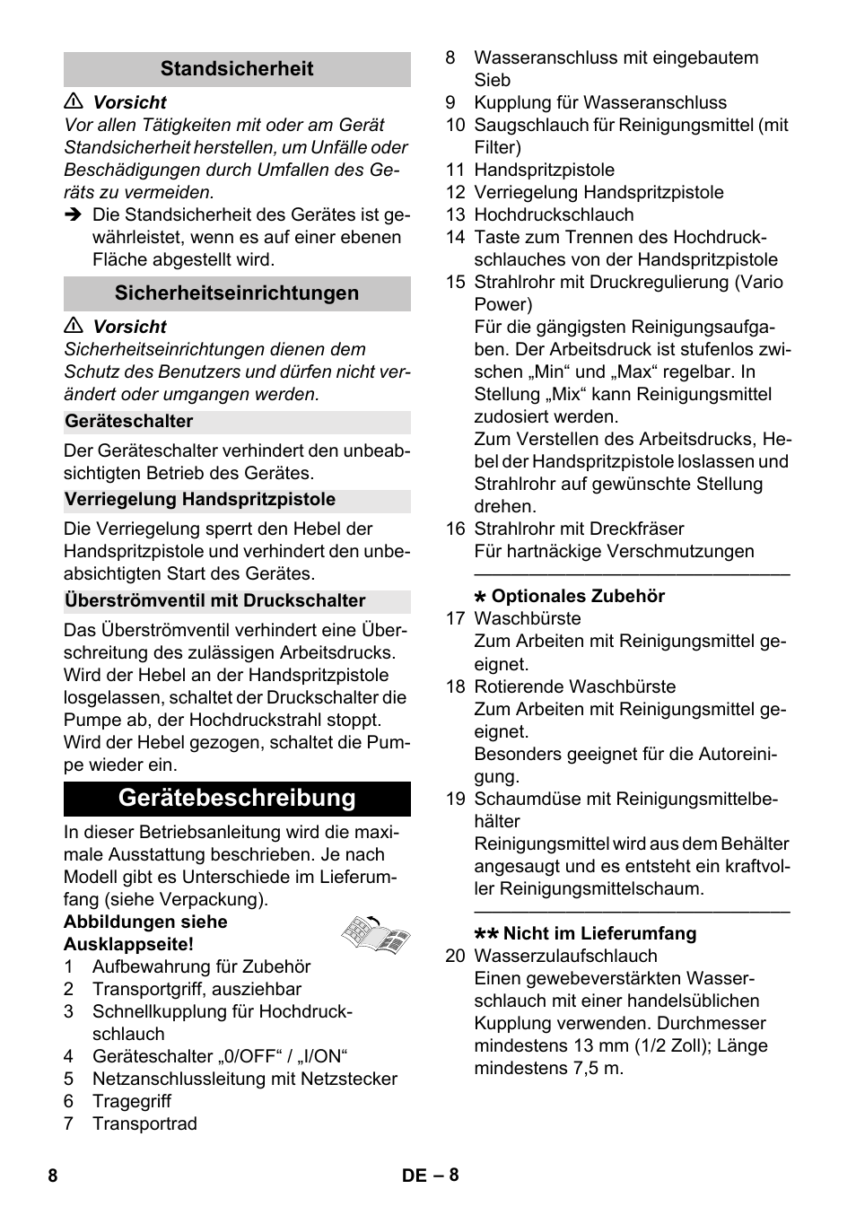 Standsicherheit, Sicherheitseinrichtungen, Geräteschalter | Verriegelung handspritzpistole, Überströmventil mit druckschalter, Gerätebeschreibung | Karcher K 4 Compact User Manual | Page 8 / 274