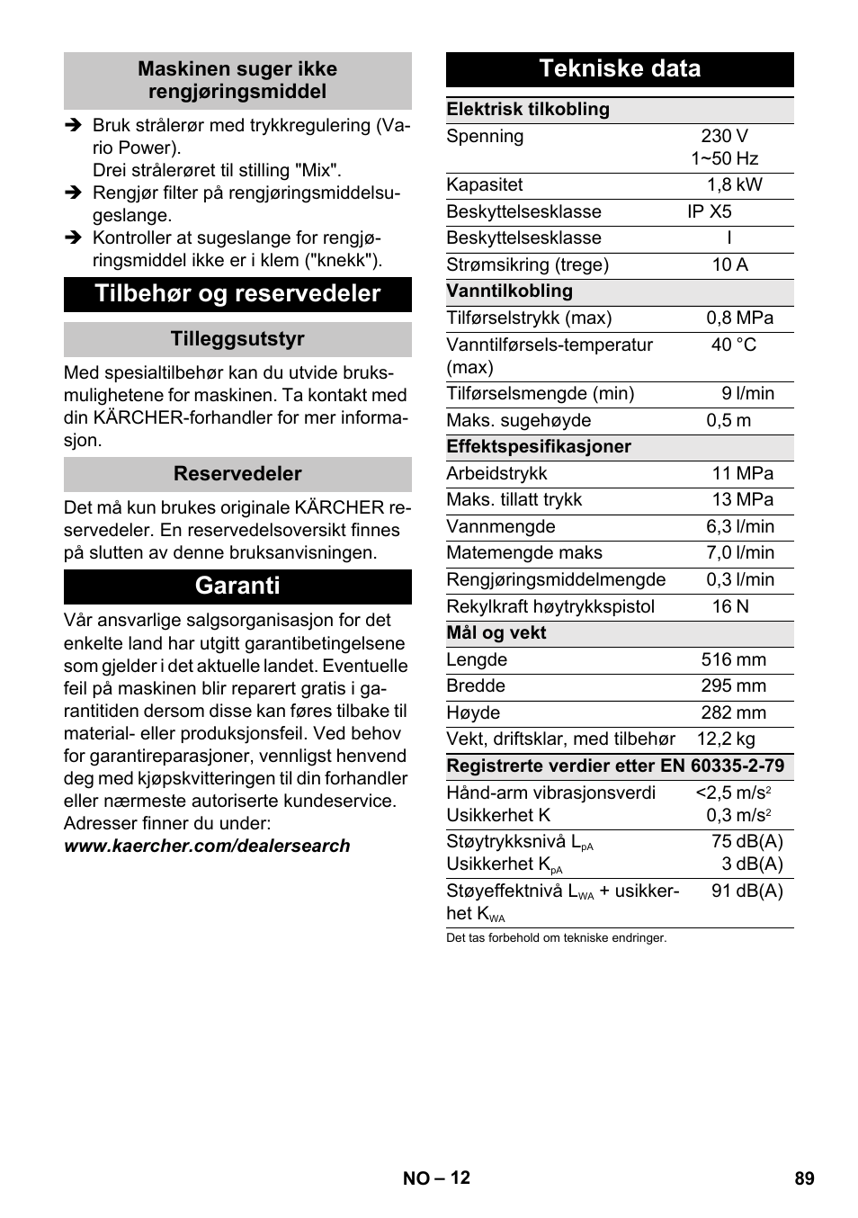 Maskinen suger ikke rengjøringsmiddel, Tilbehør og reservedeler, Tilleggsutstyr | Reservedeler, Garanti, Tekniske data, Garanti tekniske data | Karcher K 4 Compact User Manual | Page 89 / 274
