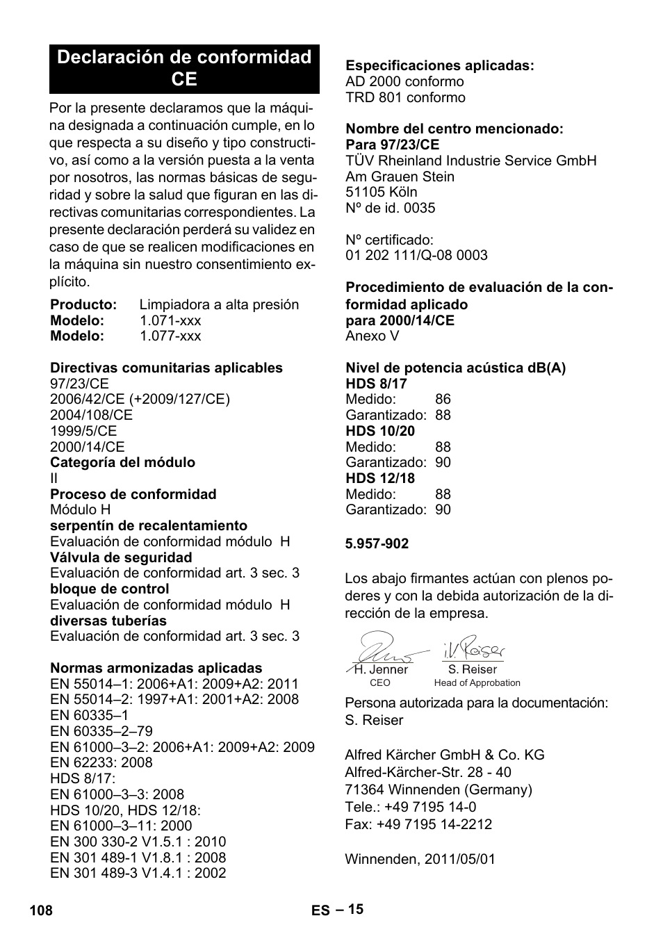 Declaración de conformidad ce | Karcher HDS 10-20 -4M CLASSIC EU-I User Manual | Page 108 / 480