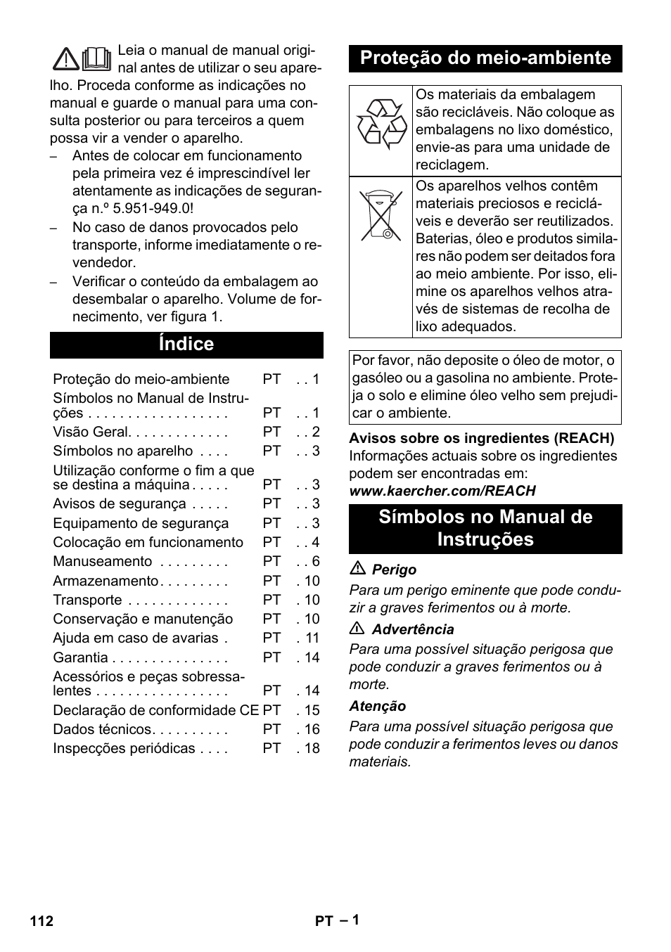 Português, Índice, Proteção do meio-ambiente | Símbolos no manual de instruções | Karcher HDS 10-20 -4M CLASSIC EU-I User Manual | Page 112 / 480