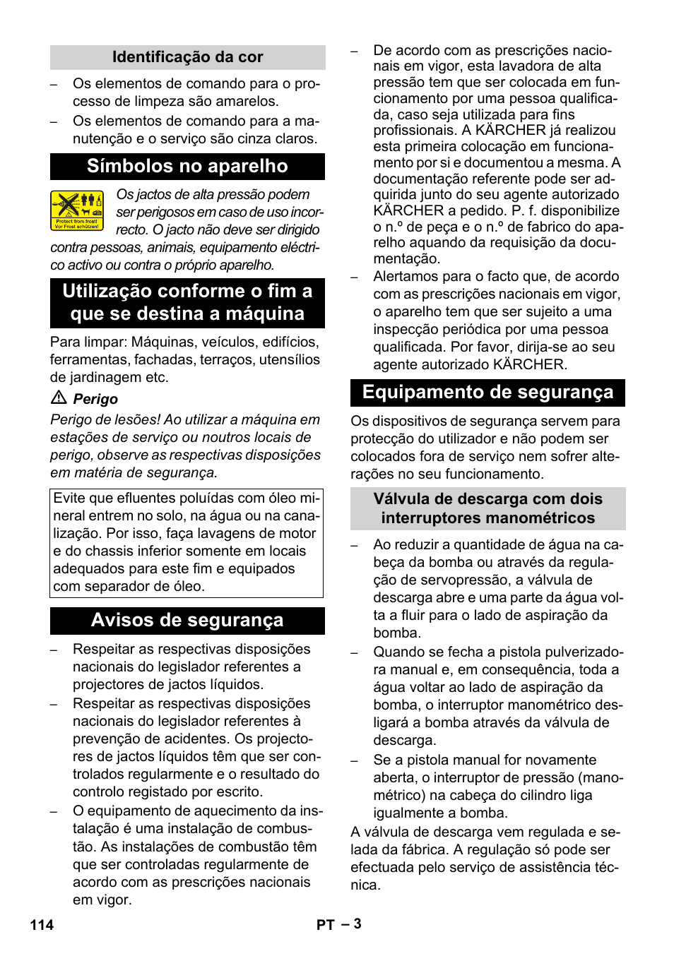 Identificação da cor, Símbolos no aparelho, Avisos de segurança | Equipamento de segurança, Avisos de segurança equipamento de segurança | Karcher HDS 10-20 -4M CLASSIC EU-I User Manual | Page 114 / 480