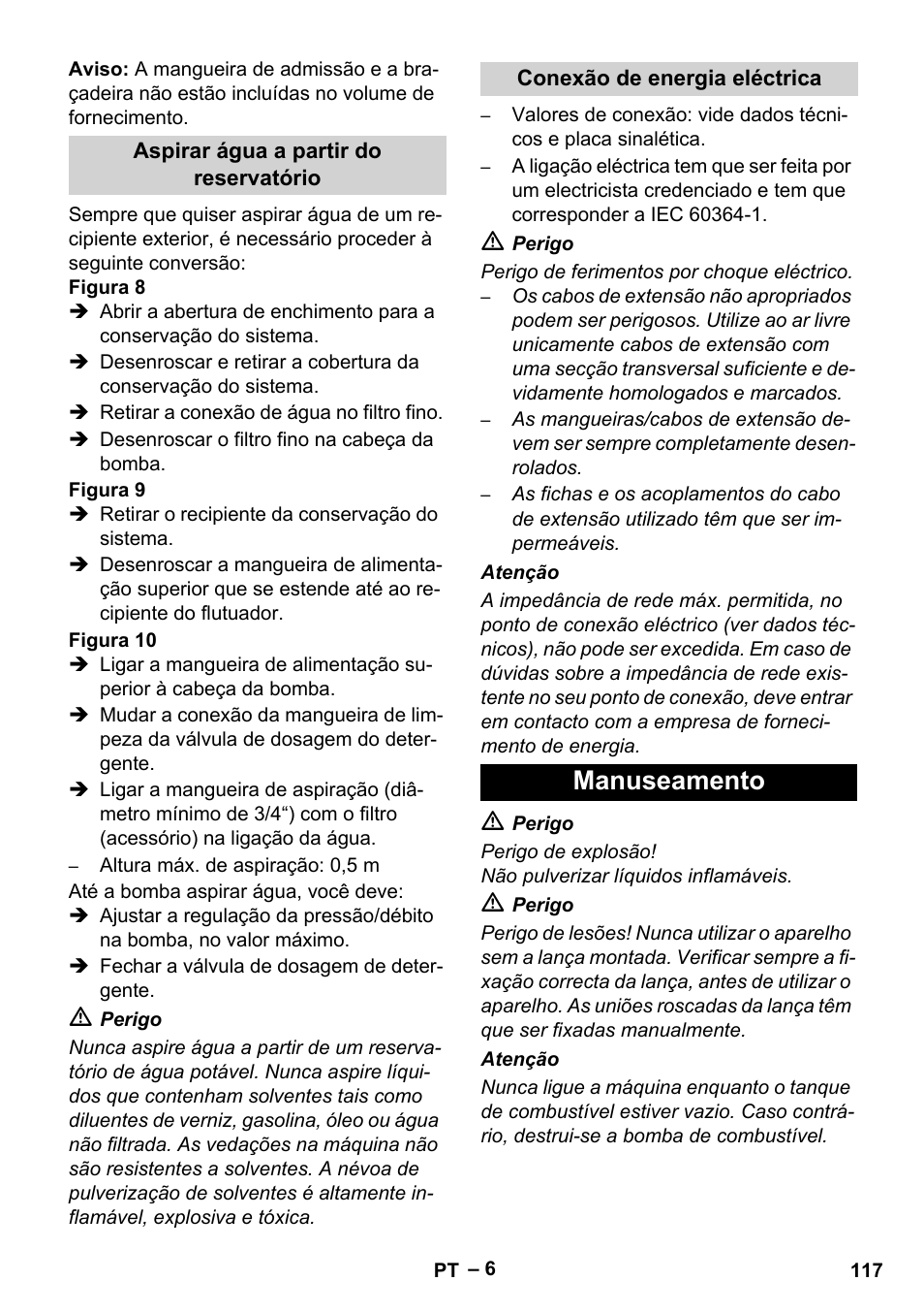 Aspirar água a partir do reservatório, Conexão de energia eléctrica, Manuseamento | Karcher HDS 10-20 -4M CLASSIC EU-I User Manual | Page 117 / 480