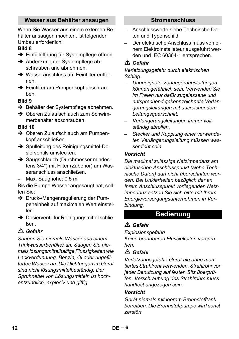 Wasser aus behälter ansaugen, Stromanschluss, Bedienung | Karcher HDS 10-20 -4M CLASSIC EU-I User Manual | Page 12 / 480