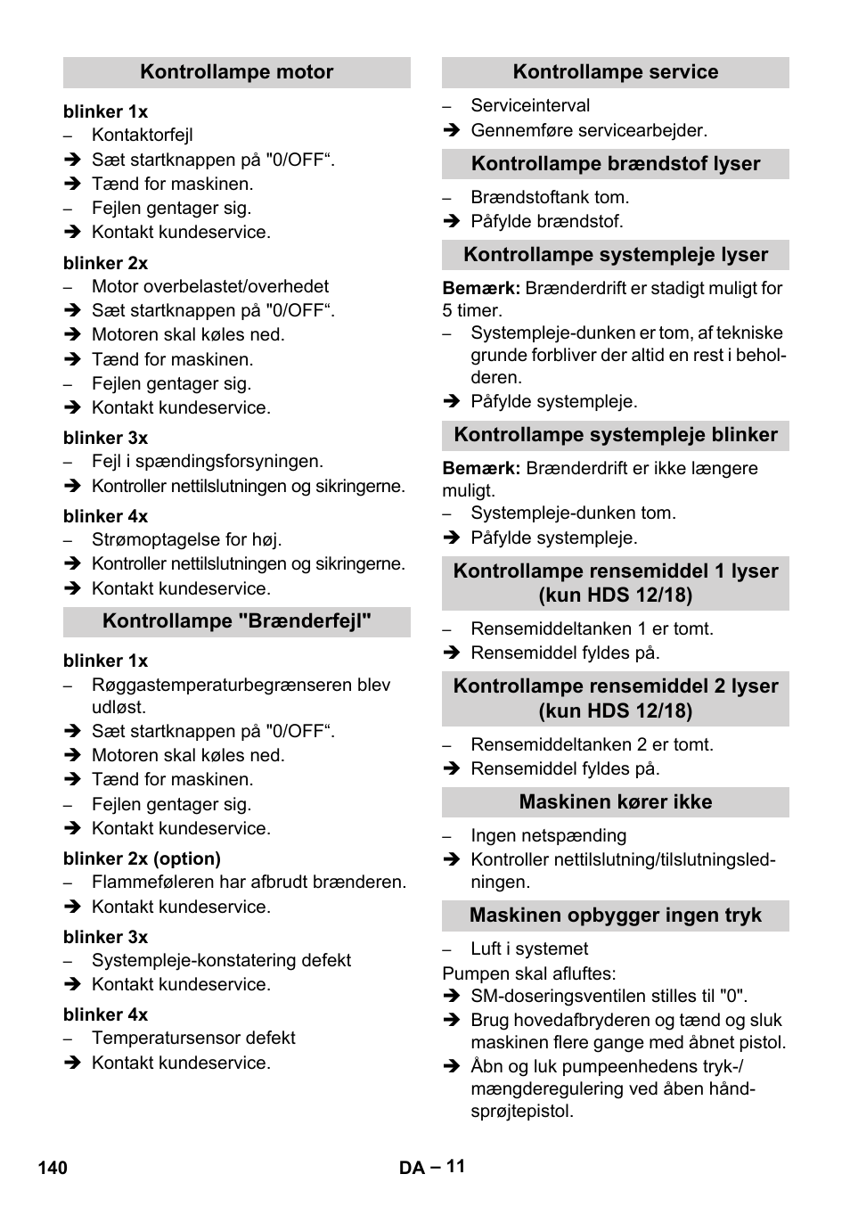 Kontrollampe motor, Blinker 1x, Blinker 2x | Blinker 3x, Blinker 4x, Kontrollampe "brænderfejl, Blinker 2x (option), Kontrollampe service, Kontrollampe brændstof lyser, Kontrollampe systempleje lyser | Karcher HDS 10-20 -4M CLASSIC EU-I User Manual | Page 140 / 480