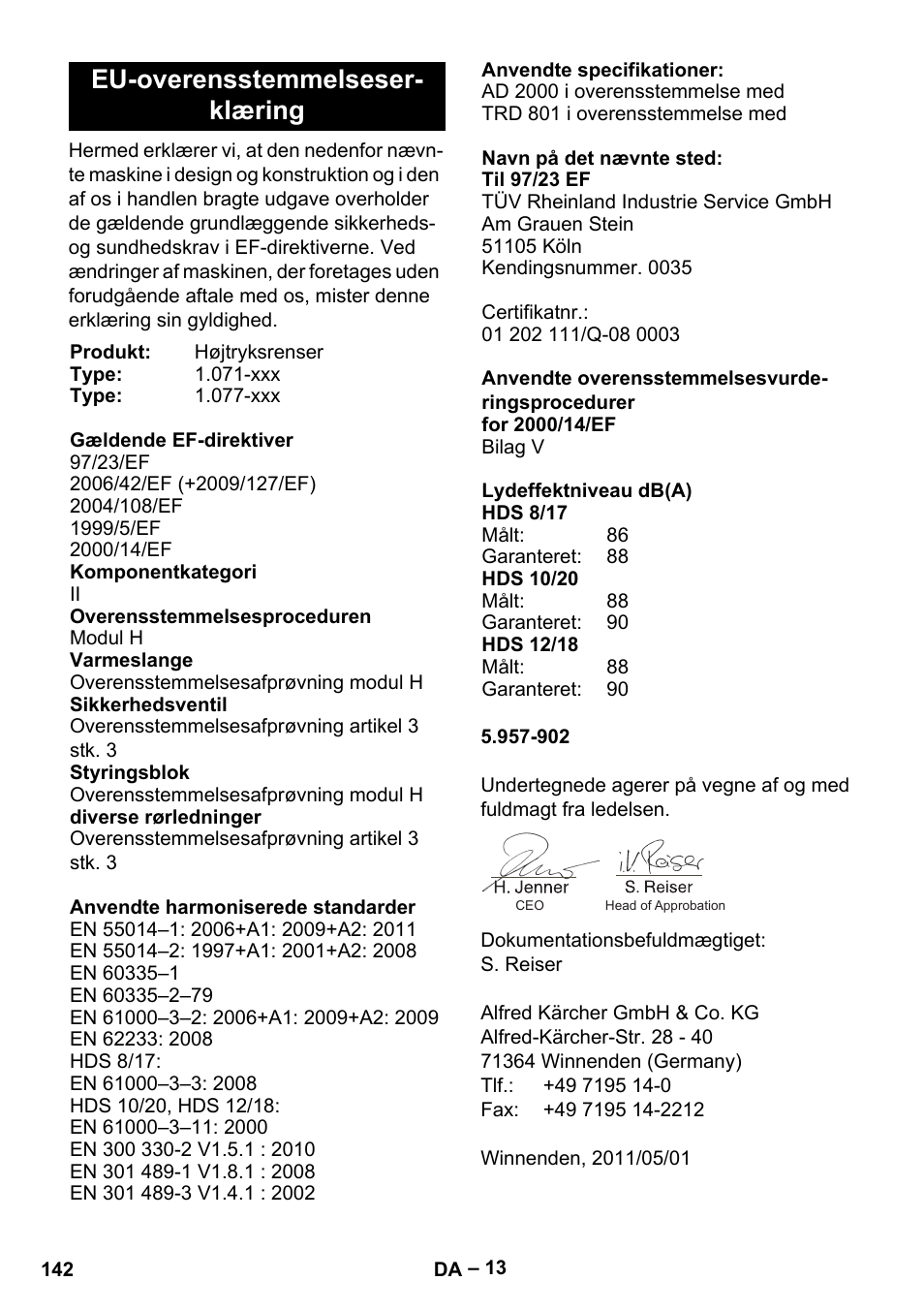 Eu-overensstemmelseserklæring, Eu-overensstemmelseser- klæring | Karcher HDS 10-20 -4M CLASSIC EU-I User Manual | Page 142 / 480