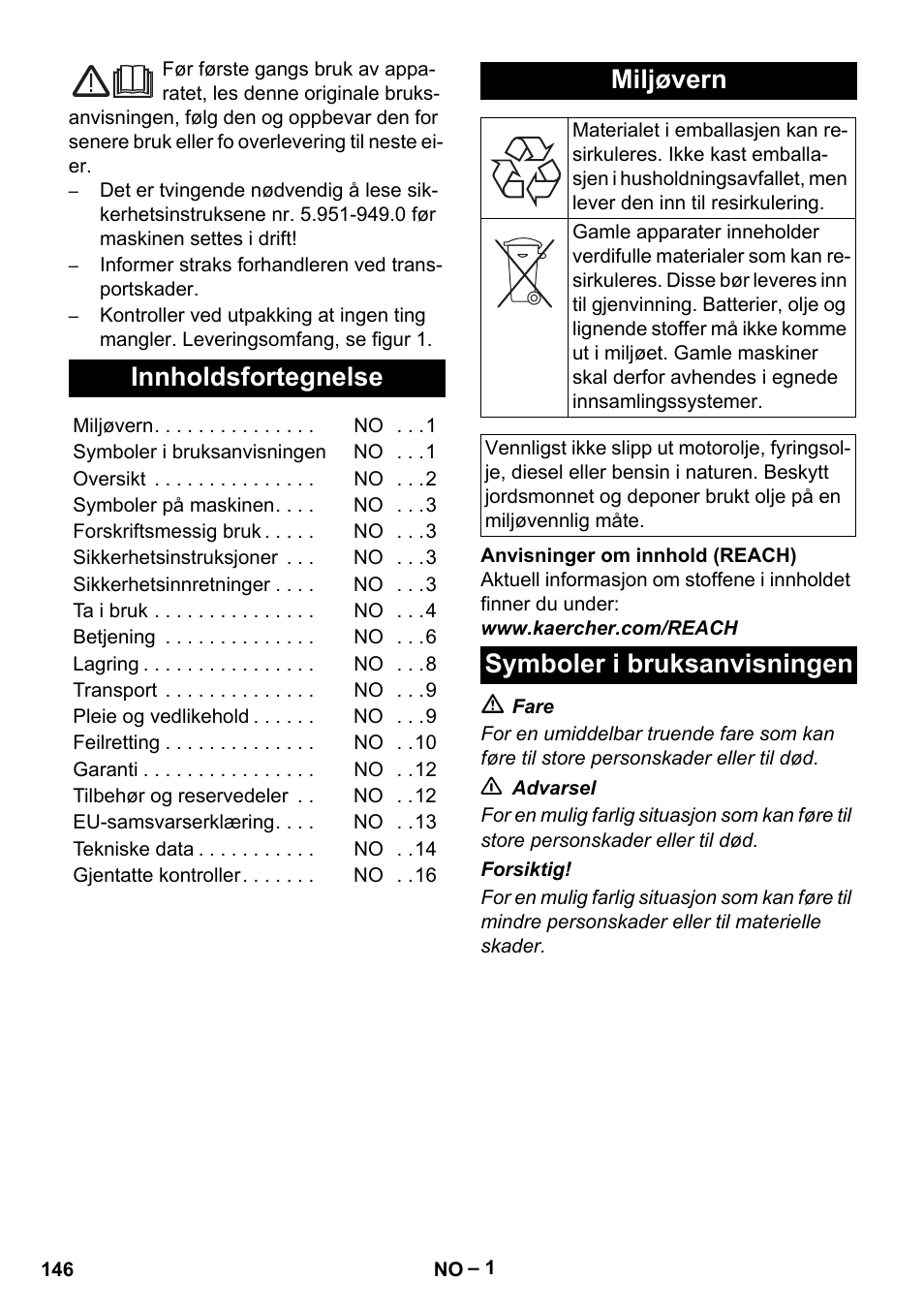 Norsk, Innholdsfortegnelse, Miljøvern | Symboler i bruksanvisningen | Karcher HDS 10-20 -4M CLASSIC EU-I User Manual | Page 146 / 480