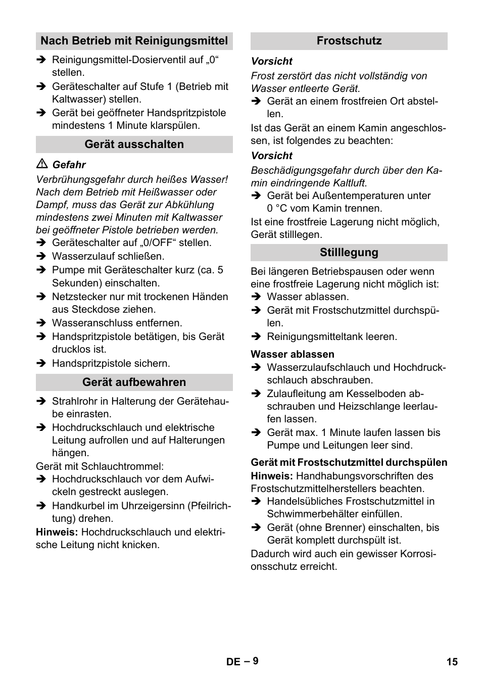 Nach betrieb mit reinigungsmittel, Gerät ausschalten, Gerät aufbewahren | Frostschutz, Stilllegung, Wasser ablassen, Gerät mit frostschutzmittel durchspülen | Karcher HDS 10-20 -4M CLASSIC EU-I User Manual | Page 15 / 480