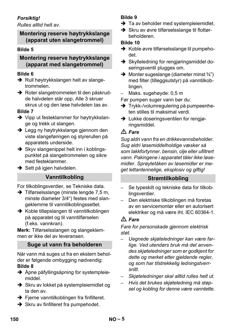 Vanntilkobling, Suge ut vann fra beholderen, Strømtilkobling | Karcher HDS 10-20 -4M CLASSIC EU-I User Manual | Page 150 / 480