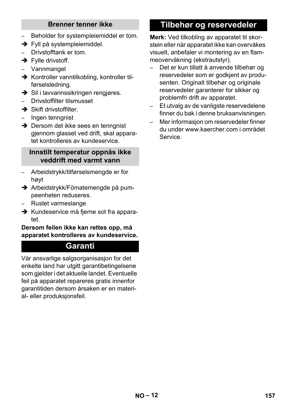 Brenner tenner ikke, Garanti, Tilbehør og reservedeler | Garanti tilbehør og reservedeler | Karcher HDS 10-20 -4M CLASSIC EU-I User Manual | Page 157 / 480