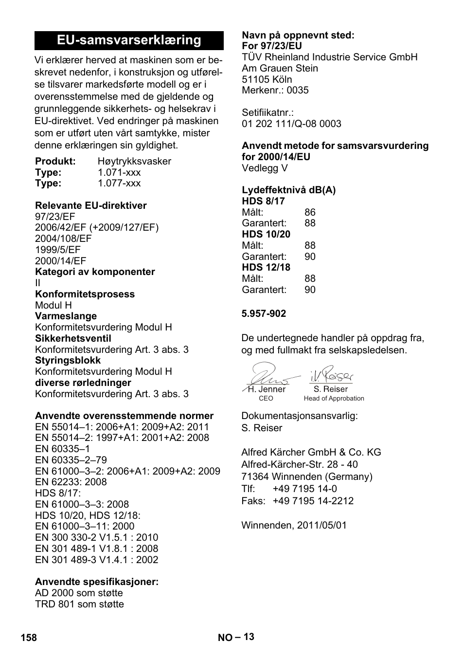 Eu-samsvarserklæring | Karcher HDS 10-20 -4M CLASSIC EU-I User Manual | Page 158 / 480