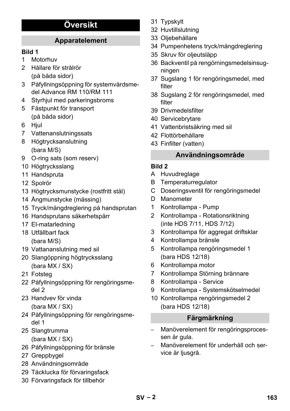 Översikt, Apparatelement, Användningsområde | Färgmärkning | Karcher HDS 10-20 -4M CLASSIC EU-I User Manual | Page 163 / 480