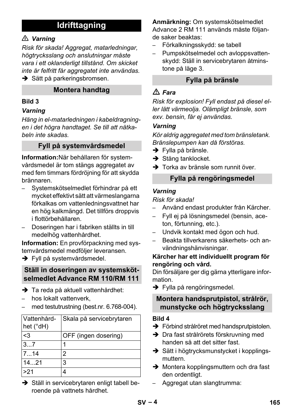 Idrifttagning, Montera handtag, Fyll på systemvårdsmedel | Fylla på bränsle, Fylla på rengöringsmedel | Karcher HDS 10-20 -4M CLASSIC EU-I User Manual | Page 165 / 480
