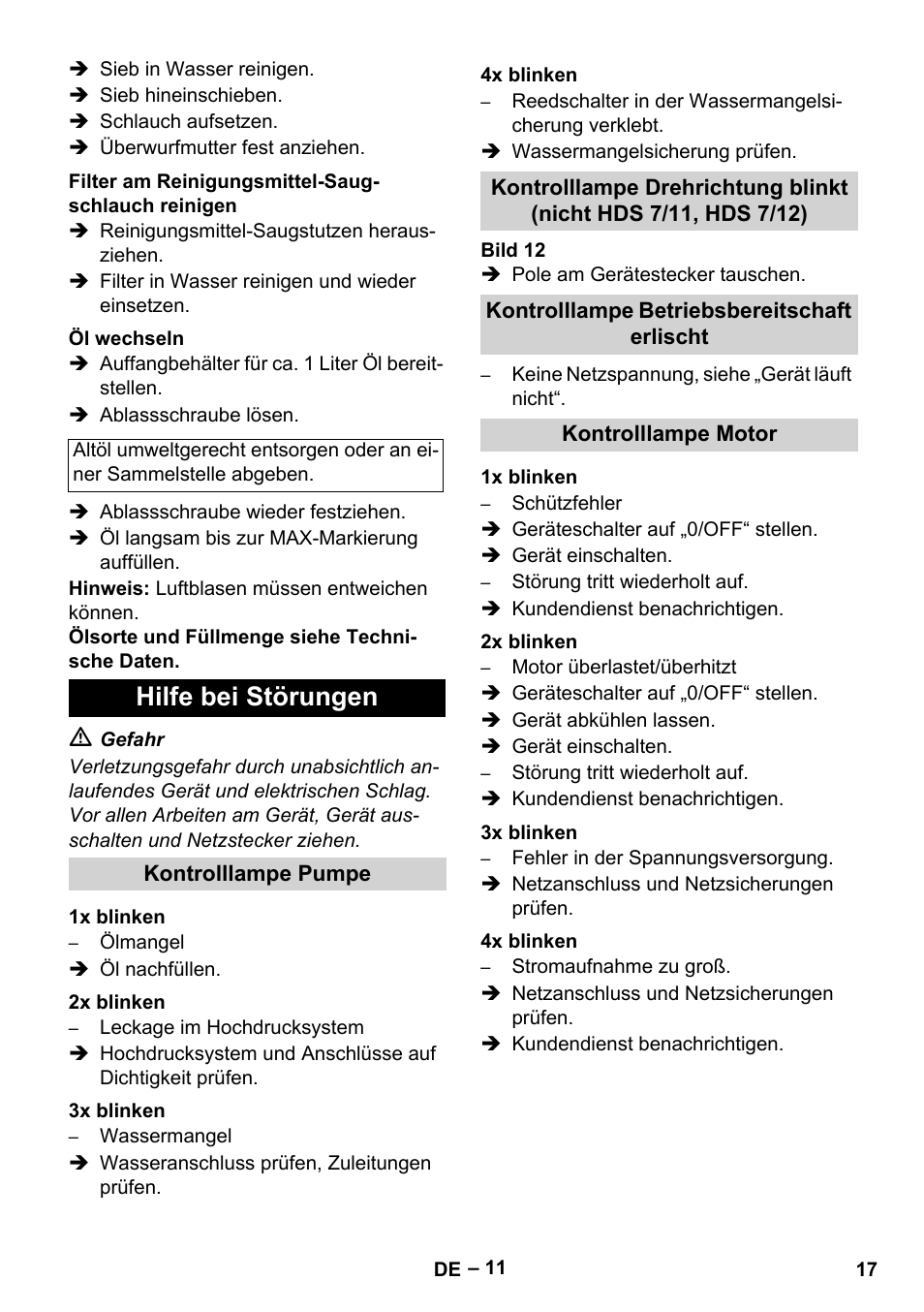 Filter am reinigungsmittel-saugschlauch reinigen, Öl wechseln, Hilfe bei störungen | Kontrolllampe pumpe, 1x blinken, 2x blinken, 3x blinken, 4x blinken, Kontrolllampe betriebsbereitschaft erlischt, Kontrolllampe motor | Karcher HDS 10-20 -4M CLASSIC EU-I User Manual | Page 17 / 480