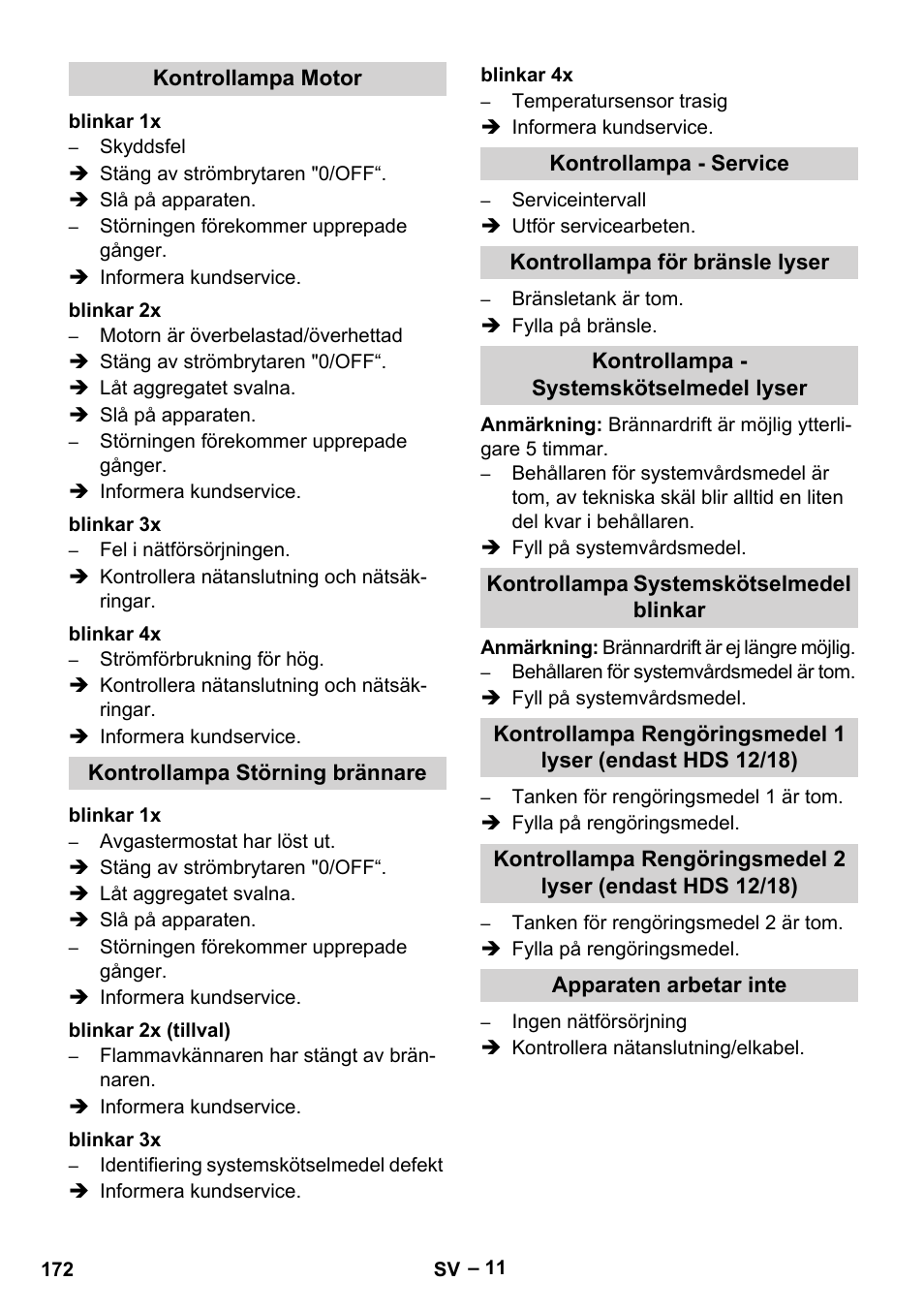Kontrollampa motor, Blinkar 1x, Blinkar 2x | Blinkar 3x, Blinkar 4x, Kontrollampa störning brännare, Blinkar 2x (tillval), Kontrollampa - service, Kontrollampa för bränsle lyser, Kontrollampa - systemskötselmedel lyser | Karcher HDS 10-20 -4M CLASSIC EU-I User Manual | Page 172 / 480