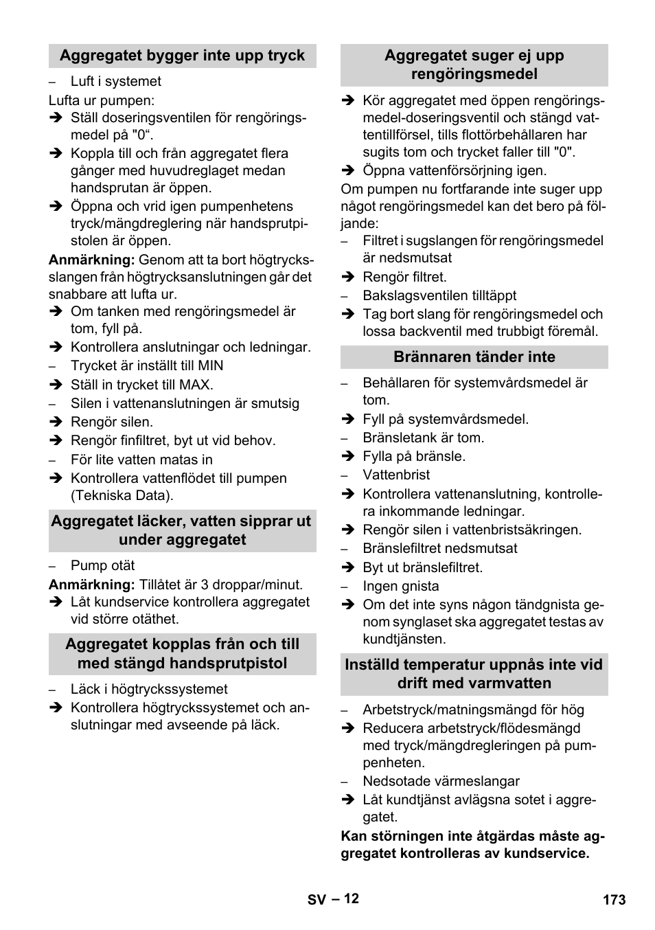 Aggregatet bygger inte upp tryck, Aggregatet suger ej upp rengöringsmedel, Brännaren tänder inte | Karcher HDS 10-20 -4M CLASSIC EU-I User Manual | Page 173 / 480