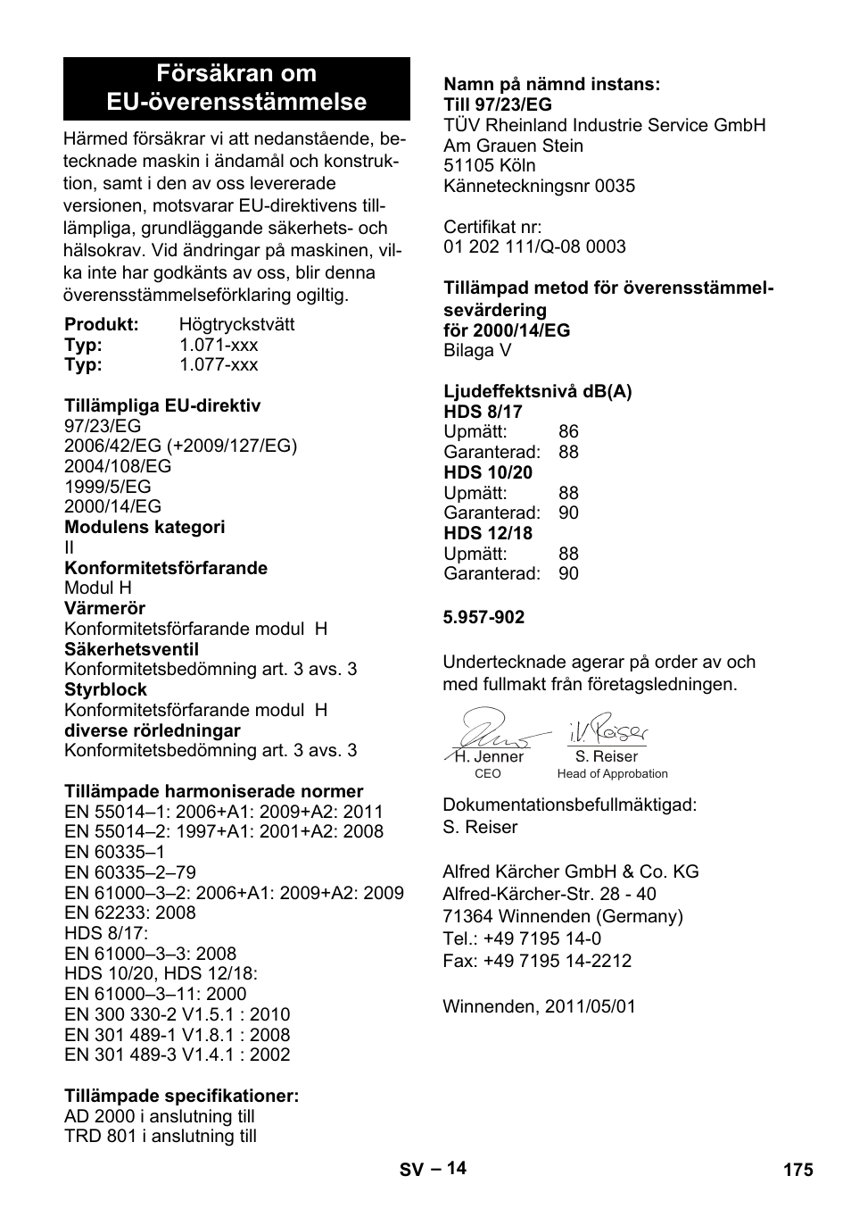 Försäkran om eu-överensstämmelse | Karcher HDS 10-20 -4M CLASSIC EU-I User Manual | Page 175 / 480