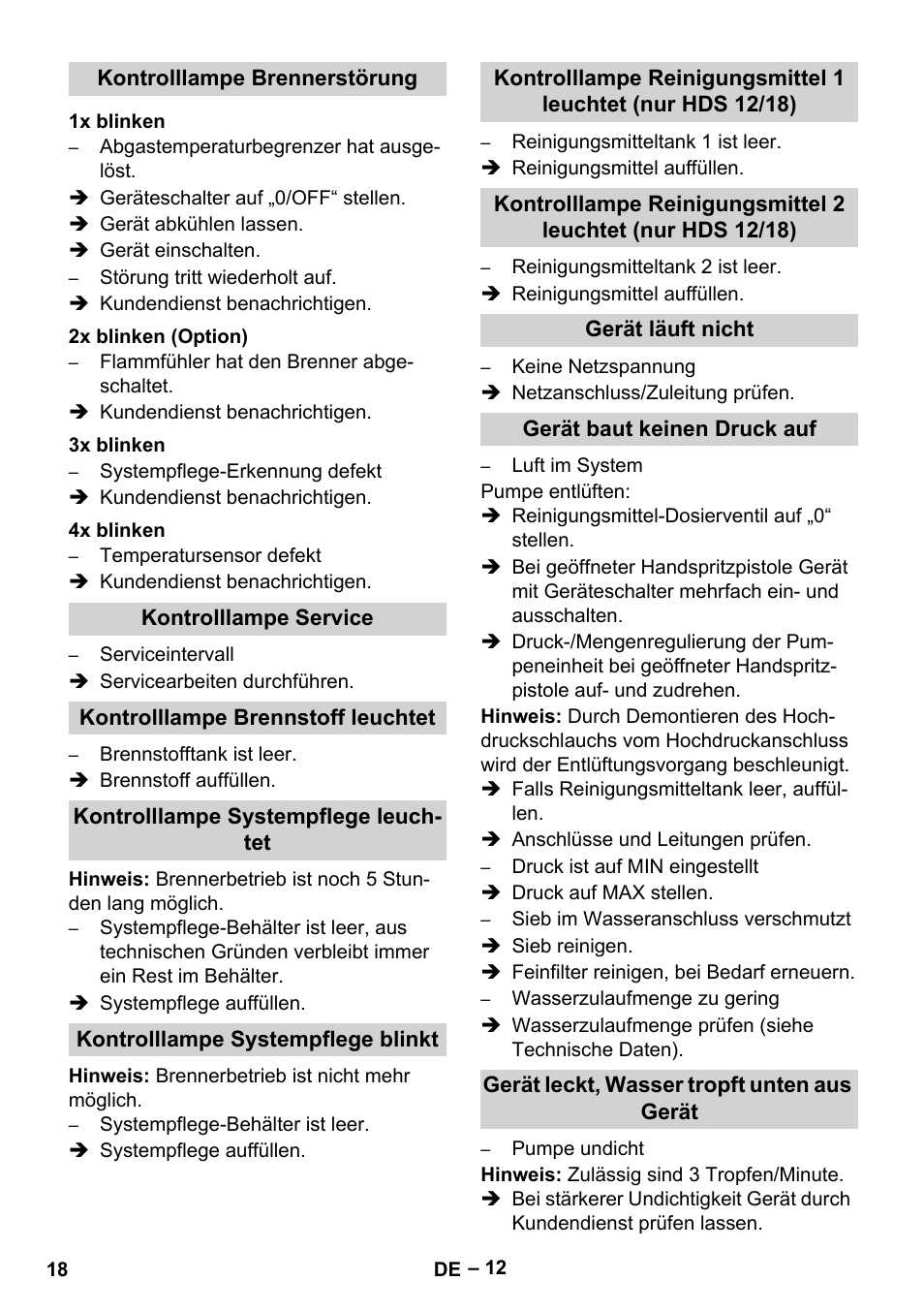 Kontrolllampe brennerstörung, 1x blinken, 2x blinken (option) | 3x blinken, 4x blinken, Kontrolllampe service, Kontrolllampe brennstoff leuchtet, Kontrolllampe systempflege leuchtet, Kontrolllampe systempflege blinkt, Gerät läuft nicht | Karcher HDS 10-20 -4M CLASSIC EU-I User Manual | Page 18 / 480