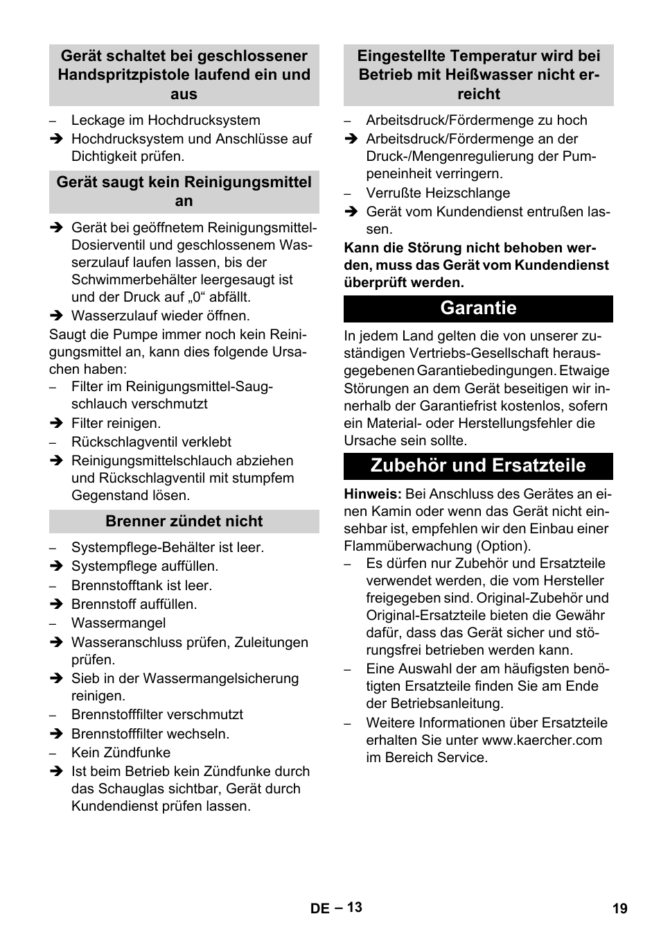 Gerät saugt kein reinigungsmittel an, Brenner zündet nicht, Garantie | Zubehör und ersatzteile, Garantie zubehör und ersatzteile | Karcher HDS 10-20 -4M CLASSIC EU-I User Manual | Page 19 / 480