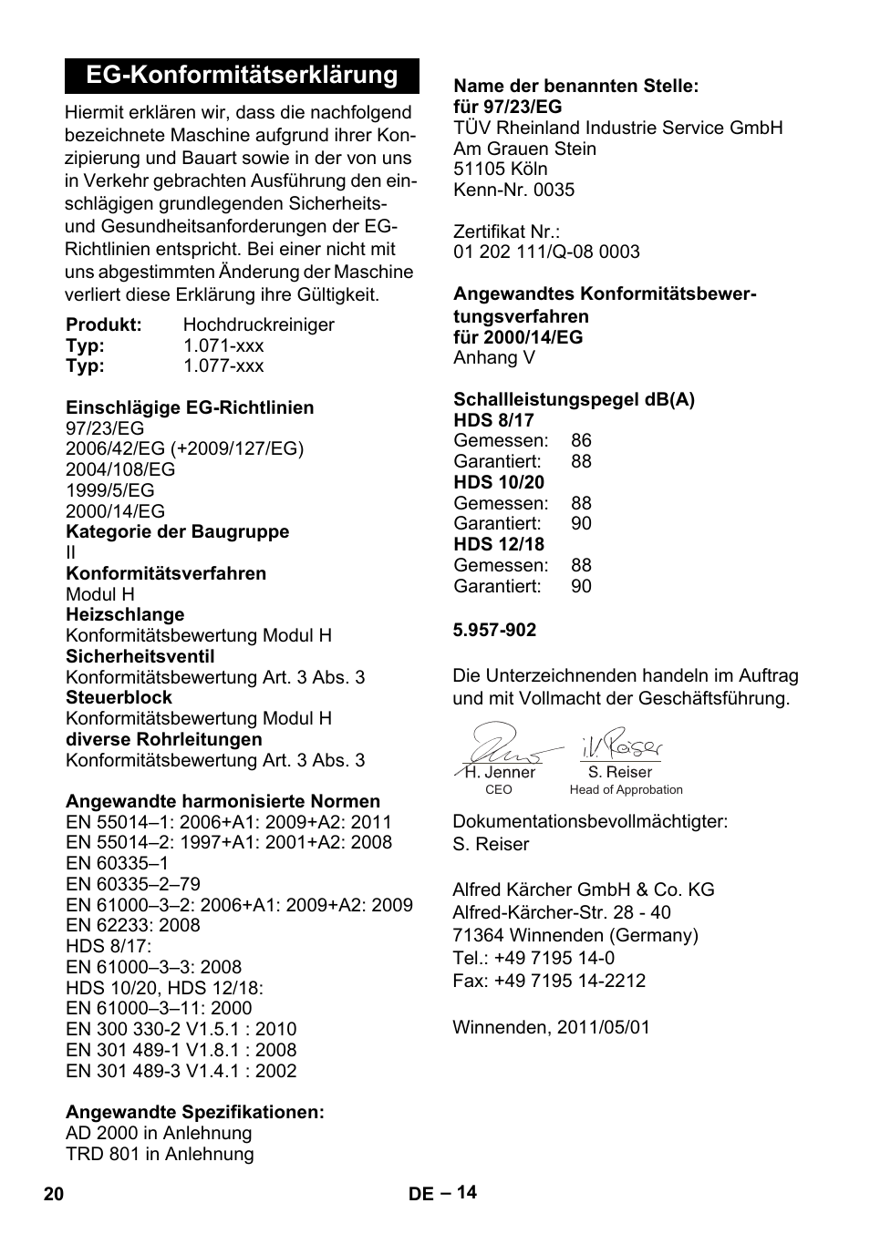 Eg-konformitätserklärung | Karcher HDS 10-20 -4M CLASSIC EU-I User Manual | Page 20 / 480