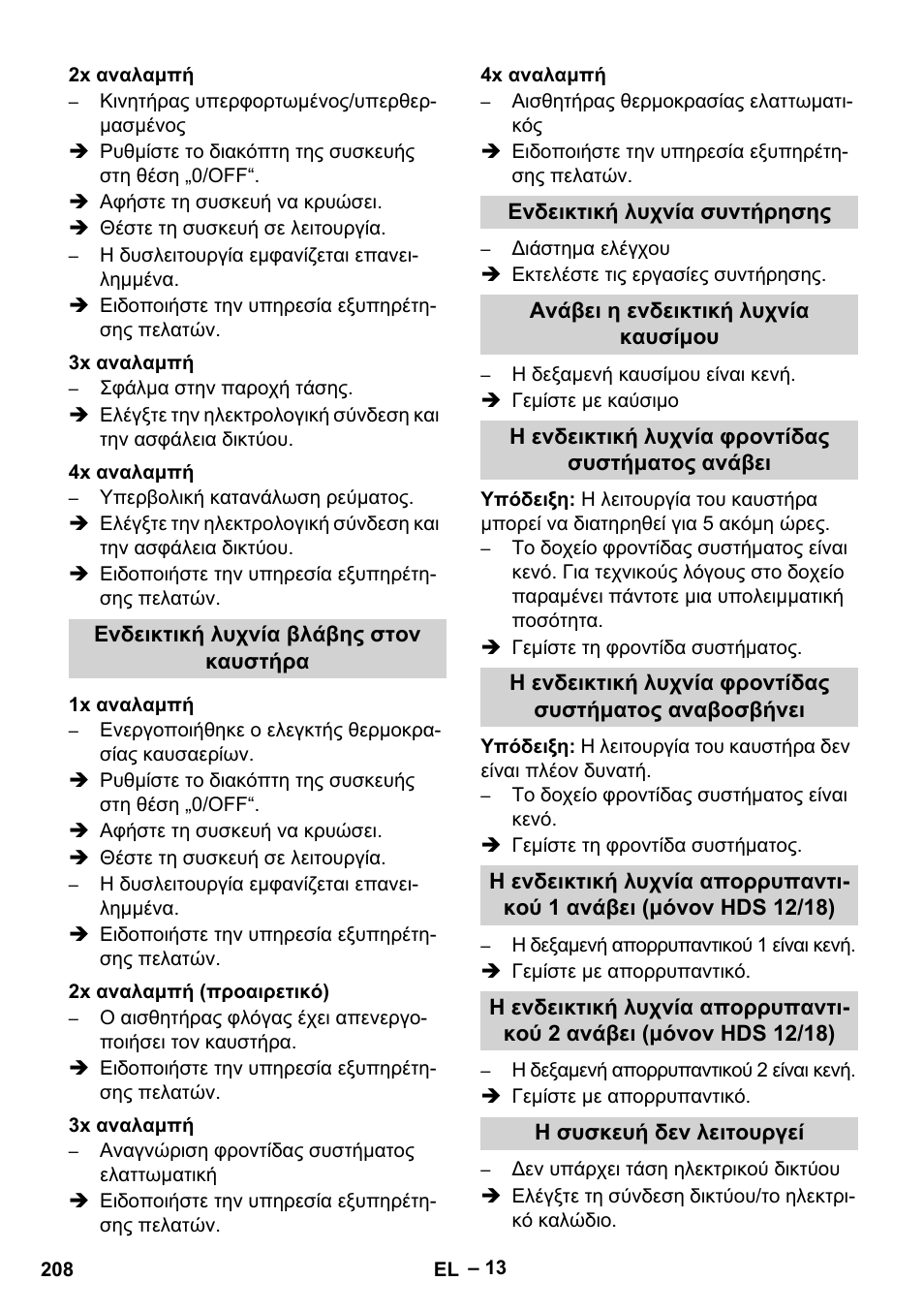 2x αναλαμπή, 3x αναλαμπή, 4x αναλαμπή | Ενδεικτική λυχνία βλάβης στον καυστήρα, 1x αναλαμπή, 2x αναλαμπή (προαιρετικό), Ενδεικτική λυχνία συντήρησης, Ανάβει η ενδεικτική λυχνία καυσίμου, Η ενδεικτική λυχνία φροντίδας συστήματος ανάβει, Η συσκευή δεν λειτουργεί | Karcher HDS 10-20 -4M CLASSIC EU-I User Manual | Page 208 / 480