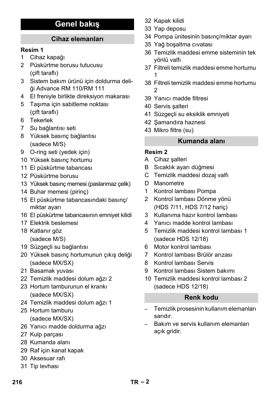 Genel bakış, Cihaz elemanları, Kumanda alanı | Renk kodu | Karcher HDS 10-20 -4M CLASSIC EU-I User Manual | Page 216 / 480