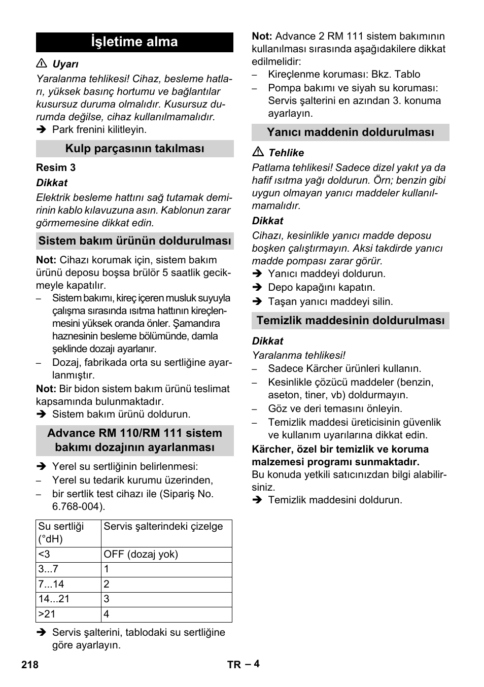 Işletime alma, Kulp parçasının takılması, Sistem bakım ürünün doldurulması | Yanıcı maddenin doldurulması, Temizlik maddesinin doldurulması | Karcher HDS 10-20 -4M CLASSIC EU-I User Manual | Page 218 / 480