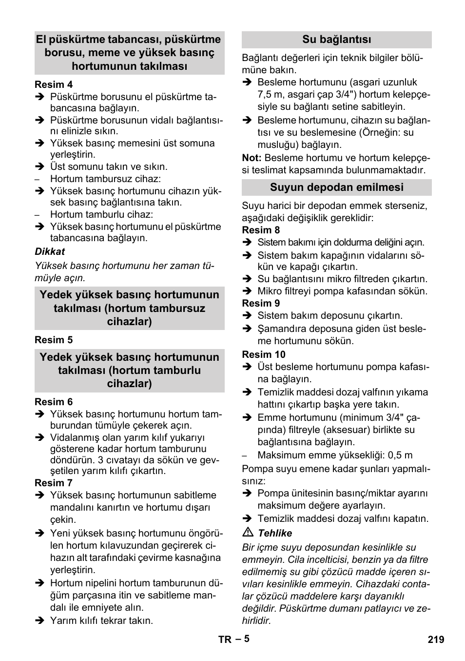 Su bağlantısı, Suyun depodan emilmesi | Karcher HDS 10-20 -4M CLASSIC EU-I User Manual | Page 219 / 480