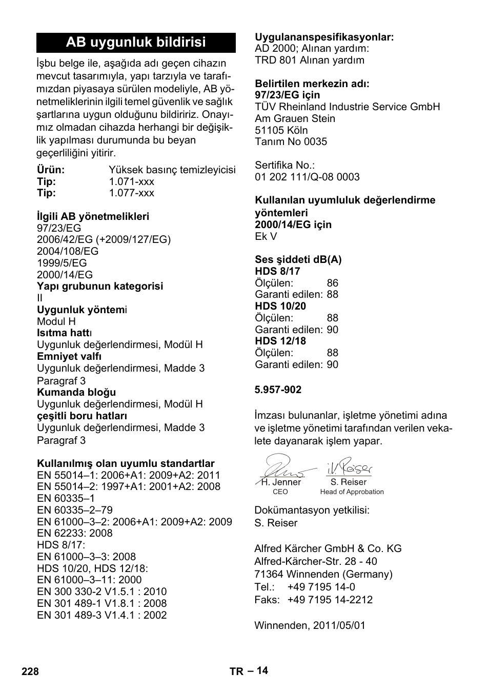 Ab uygunluk bildirisi | Karcher HDS 10-20 -4M CLASSIC EU-I User Manual | Page 228 / 480