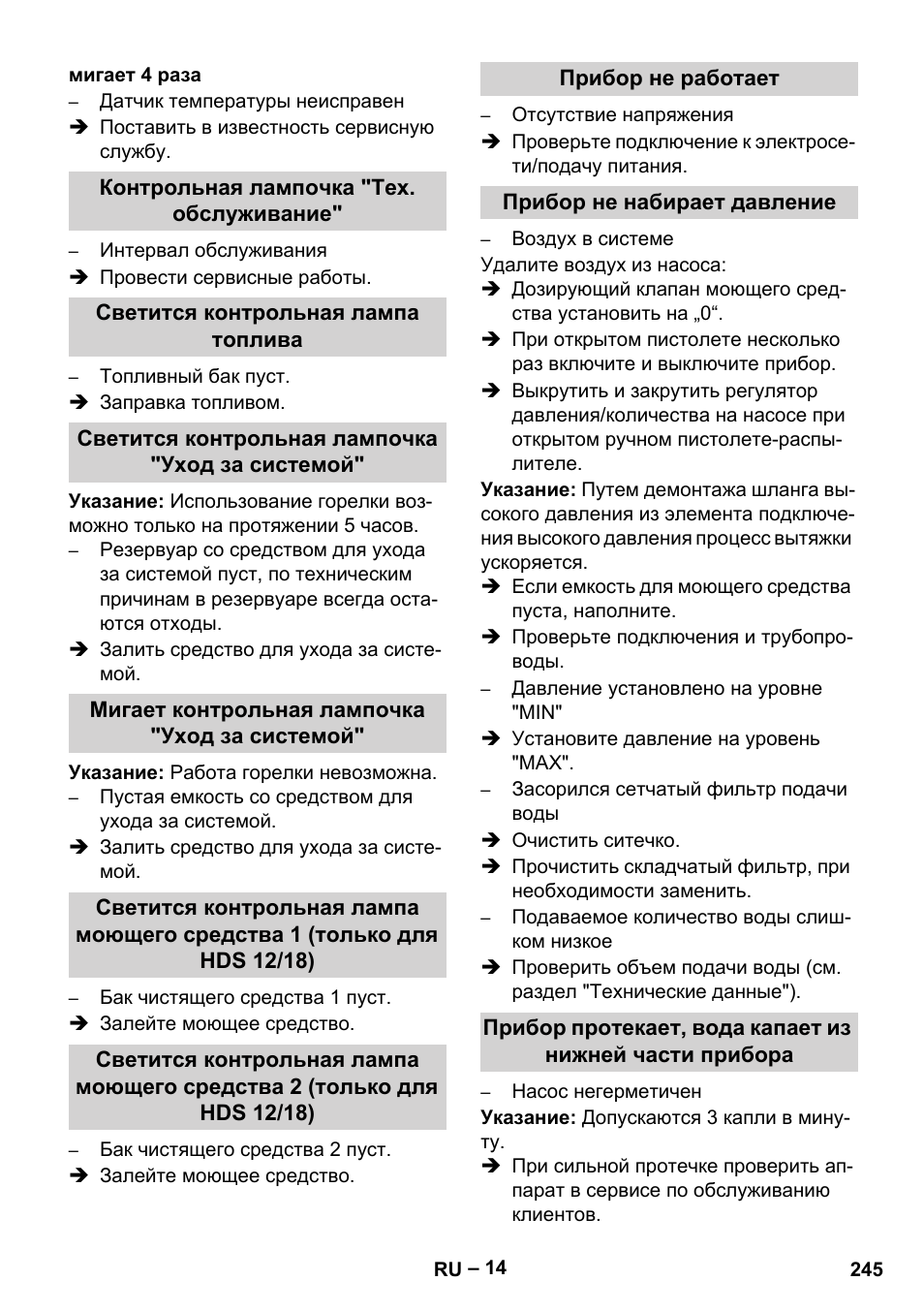 Мигает 4 раза, Контрольная лампочка "тех. обслуживание, Светится контрольная лампа топлива | Светится контрольная лампочка "уход за системой, Мигает контрольная лампочка "уход за системой, Прибор не работает, Прибор не набирает давление | Karcher HDS 10-20 -4M CLASSIC EU-I User Manual | Page 245 / 480