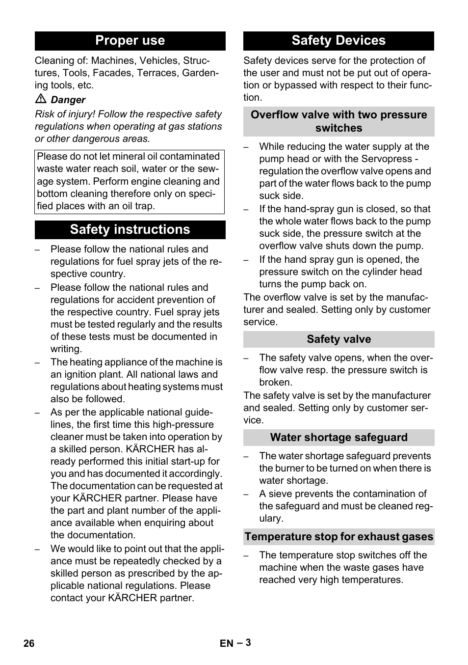 Proper use, Safety instructions, Safety devices | Overflow valve with two pressure switches, Safety valve, Water shortage safeguard, Temperature stop for exhaust gases, Safety instructions safety devices | Karcher HDS 10-20 -4M CLASSIC EU-I User Manual | Page 26 / 480