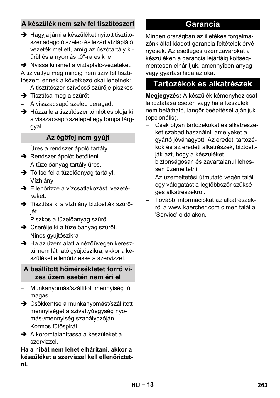 A készülék nem szív fel tisztítószert, Az égőfej nem gyújt, Garancia | Tartozékok és alkatrészek, Garancia tartozékok és alkatrészek | Karcher HDS 10-20 -4M CLASSIC EU-I User Manual | Page 263 / 480