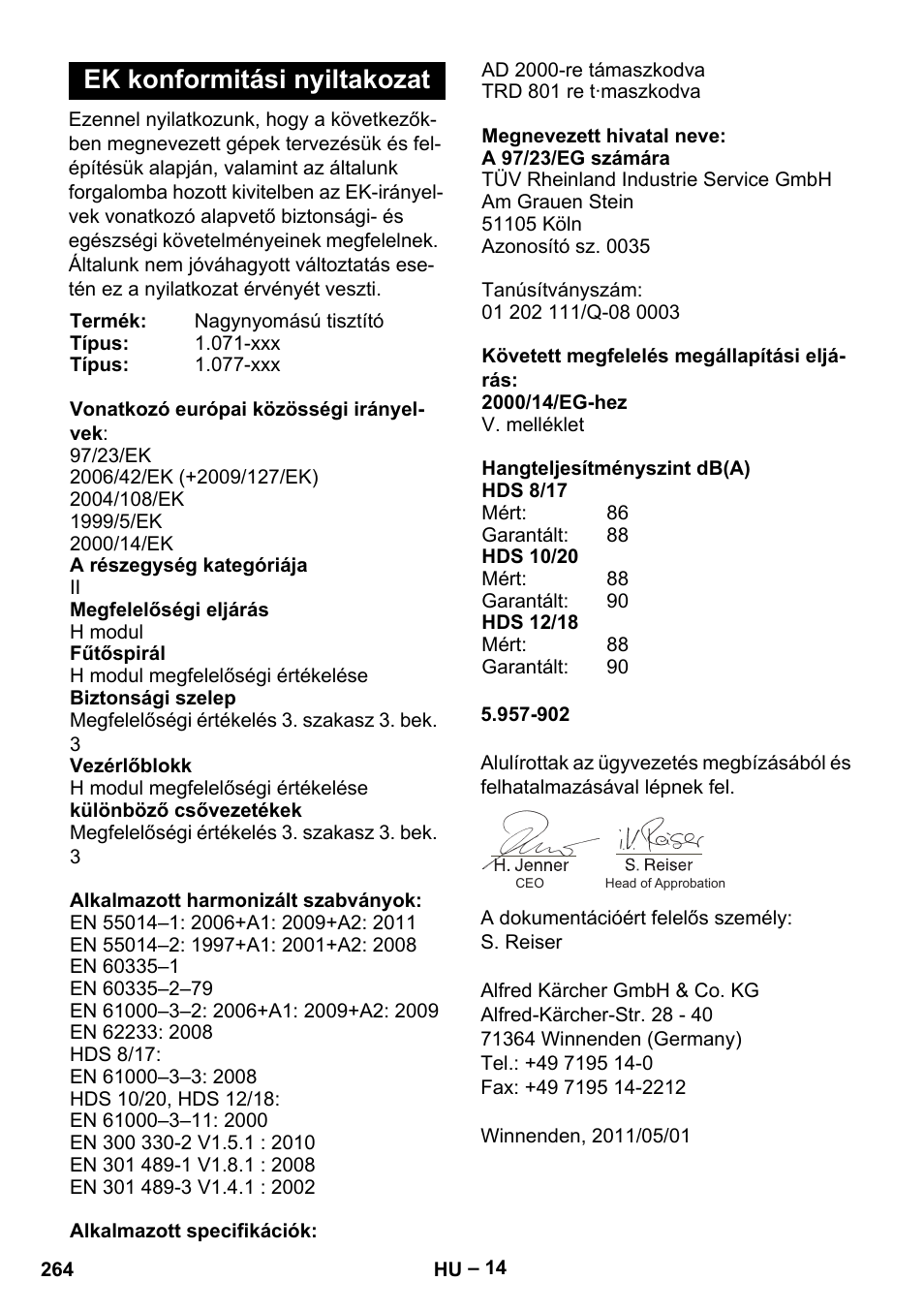 Ek konformitási nyiltakozat | Karcher HDS 10-20 -4M CLASSIC EU-I User Manual | Page 264 / 480