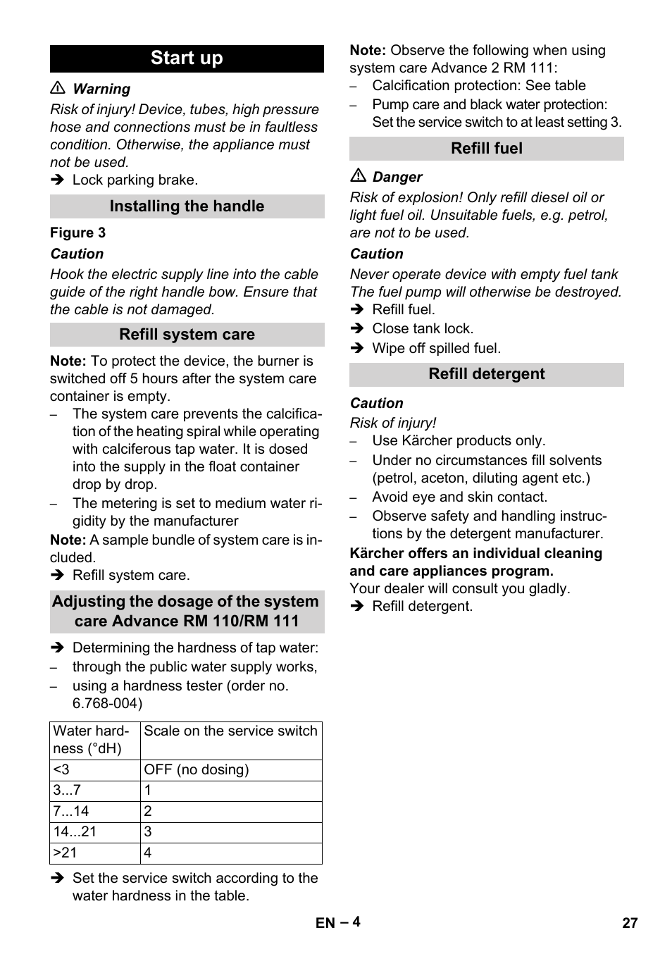 Start up, Installing the handle, Refill system care | Refill fuel, Refill detergent | Karcher HDS 10-20 -4M CLASSIC EU-I User Manual | Page 27 / 480