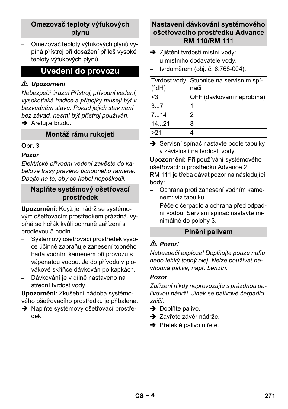 Omezovač teploty výfukových plynů, Uvedení do provozu, Montáž rámu rukojeti | Naplňte systémový ošetřovací prostředek, Plnění palivem | Karcher HDS 10-20 -4M CLASSIC EU-I User Manual | Page 271 / 480