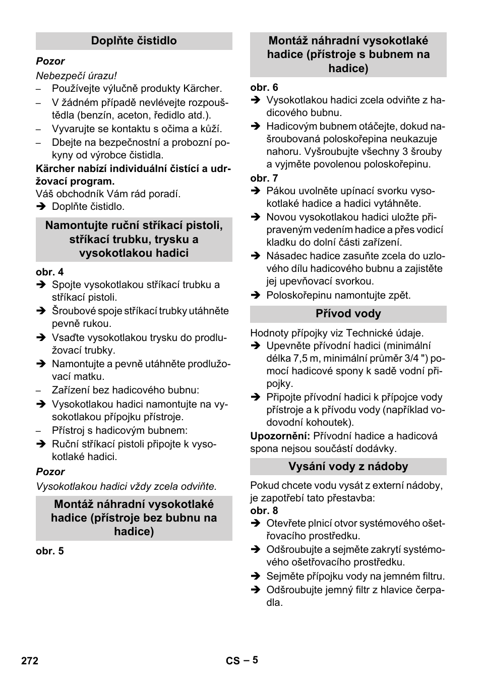 Doplňte čistidlo, Přívod vody, Vysání vody z nádoby | Karcher HDS 10-20 -4M CLASSIC EU-I User Manual | Page 272 / 480