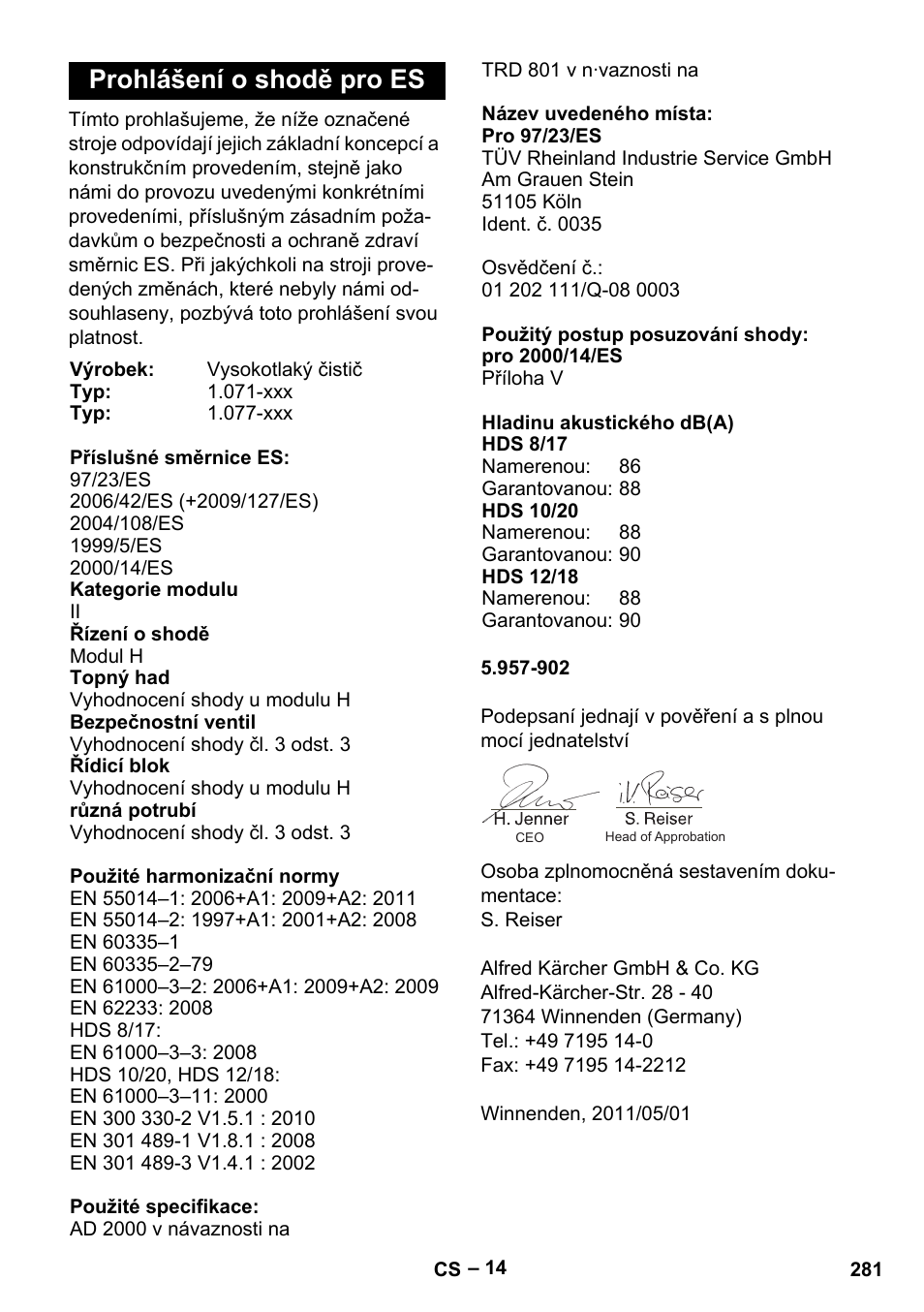 Prohlášení o shodě pro es | Karcher HDS 10-20 -4M CLASSIC EU-I User Manual | Page 281 / 480