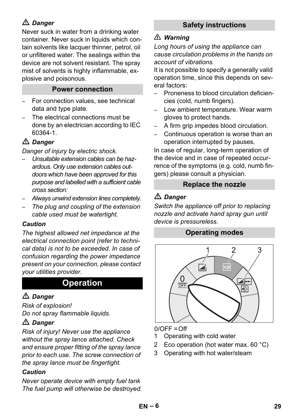 Power connection, Operation, Safety instructions | Replace the nozzle, Operating modes | Karcher HDS 10-20 -4M CLASSIC EU-I User Manual | Page 29 / 480