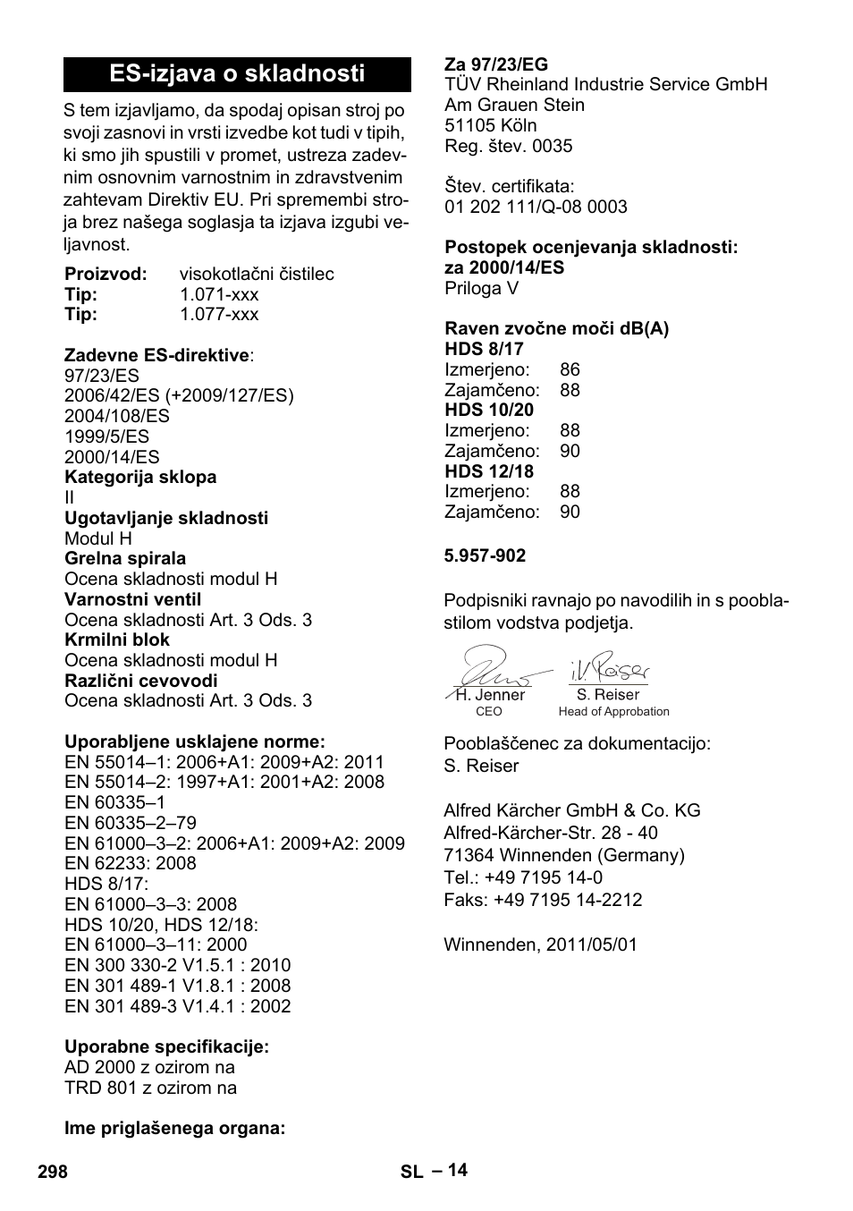 Es-izjava o skladnosti | Karcher HDS 10-20 -4M CLASSIC EU-I User Manual | Page 298 / 480