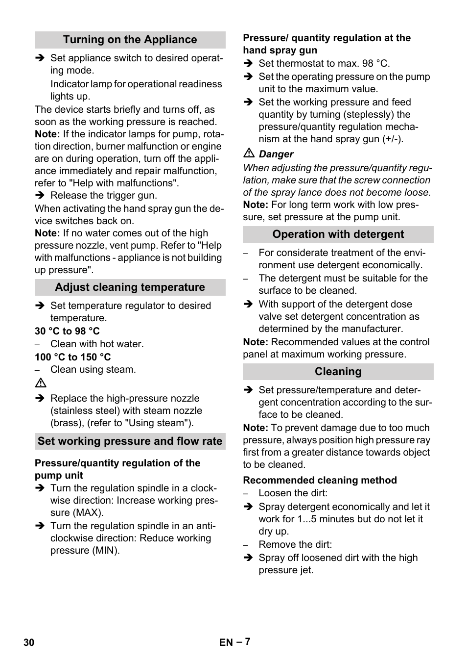 Turning on the appliance, Adjust cleaning temperature, Set working pressure and flow rate | Pressure/quantity regulation of the pump unit, Operation with detergent, Cleaning, Recommended cleaning method | Karcher HDS 10-20 -4M CLASSIC EU-I User Manual | Page 30 / 480