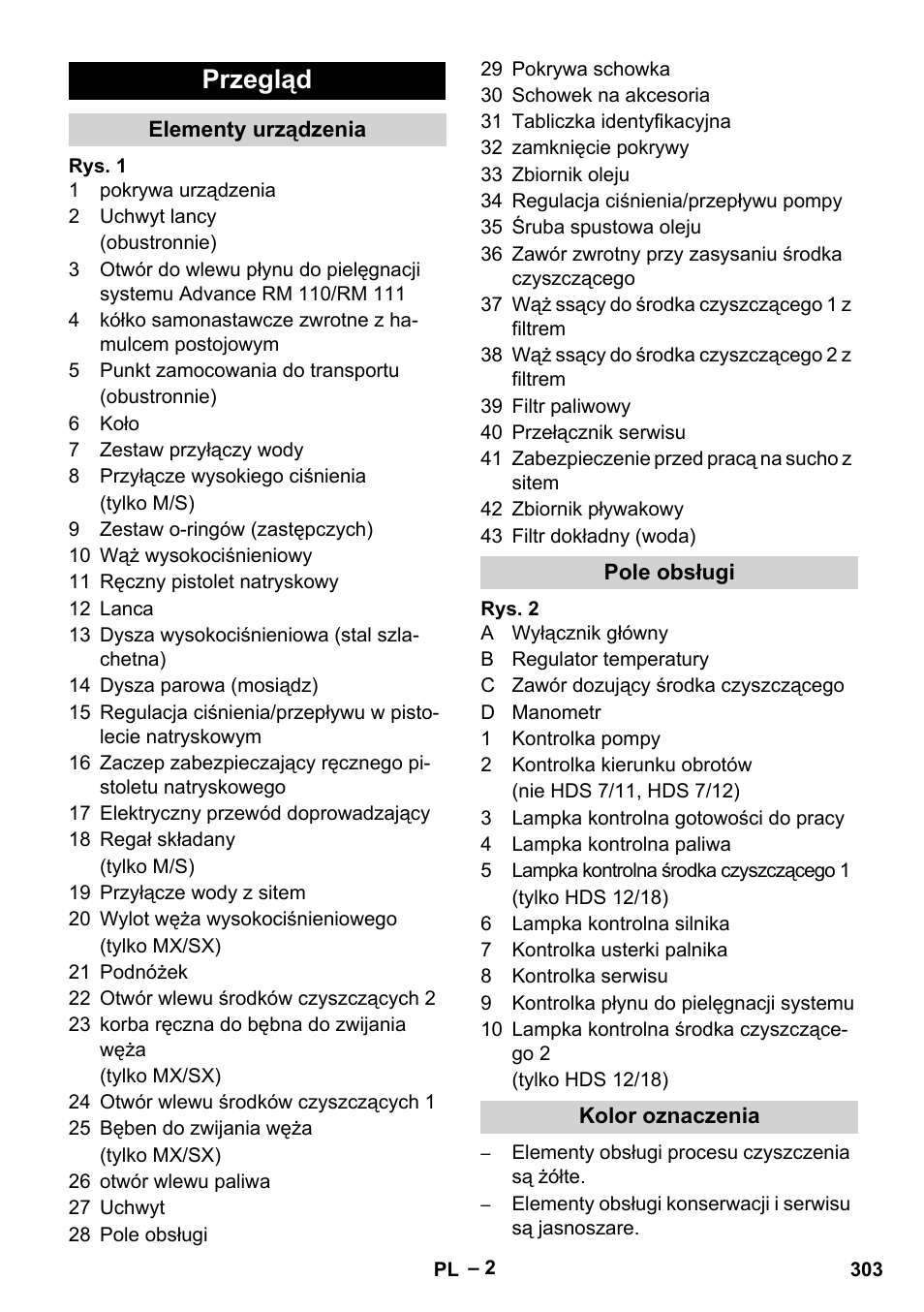 Przegląd, Elementy urządzenia, Pole obsługi | Kolor oznaczenia | Karcher HDS 10-20 -4M CLASSIC EU-I User Manual | Page 303 / 480