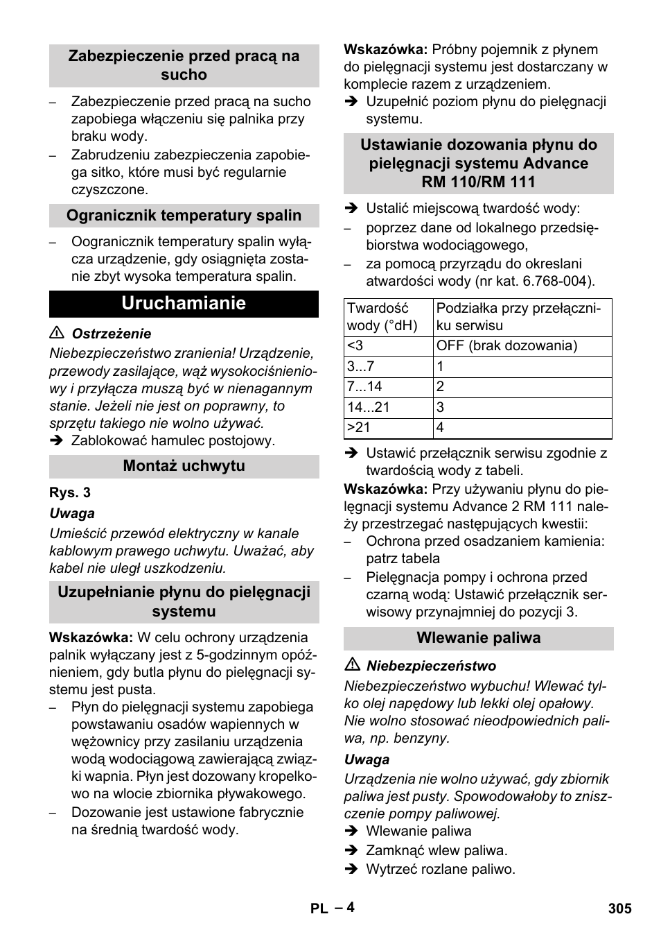 Zabezpieczenie przed pracą na sucho, Ogranicznik temperatury spalin, Uruchamianie | Montaż uchwytu, Uzupełnianie płynu do pielęgnacji systemu, Wlewanie paliwa | Karcher HDS 10-20 -4M CLASSIC EU-I User Manual | Page 305 / 480