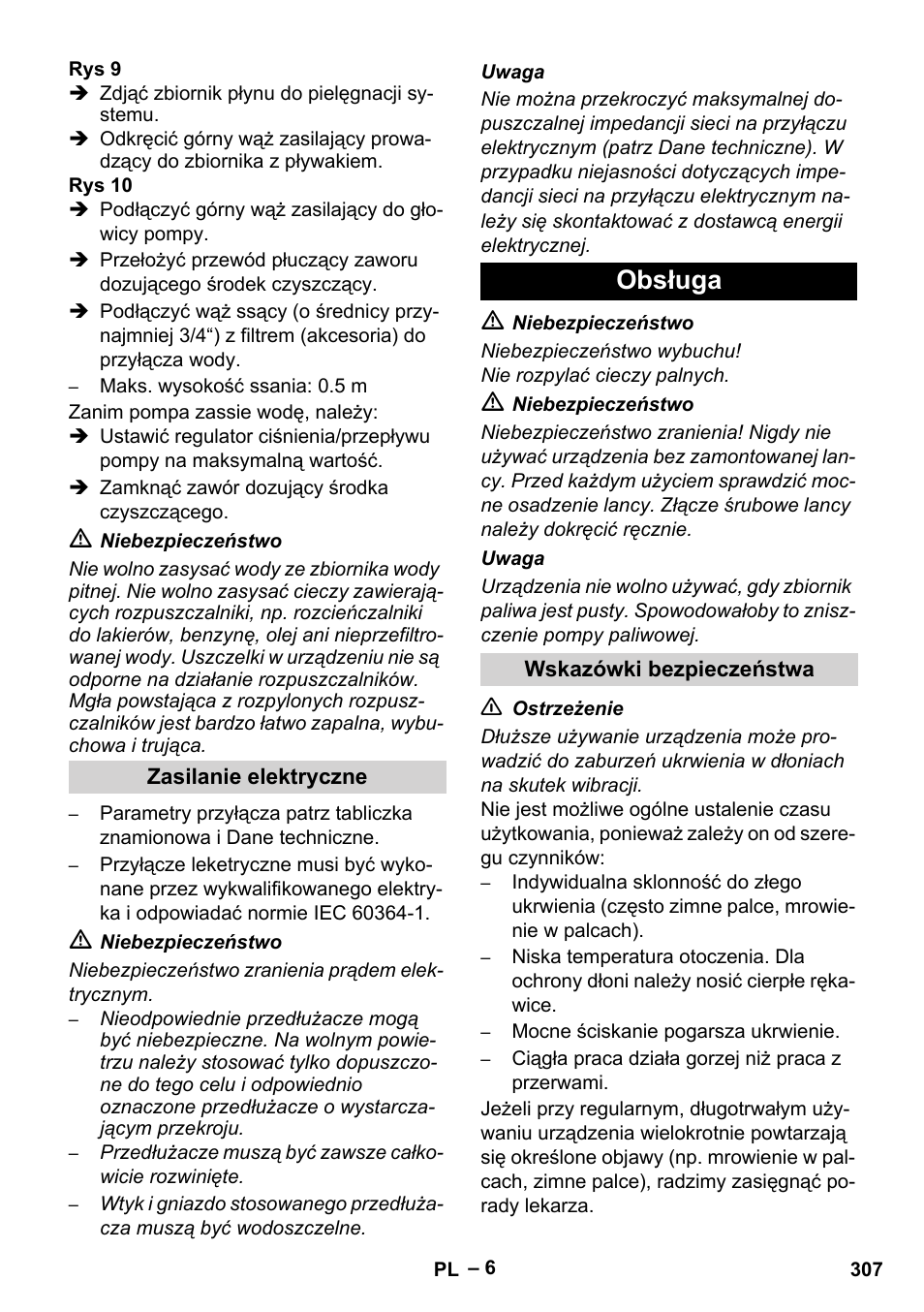 Zasilanie elektryczne, Obsługa, Wskazówki bezpieczeństwa | Karcher HDS 10-20 -4M CLASSIC EU-I User Manual | Page 307 / 480