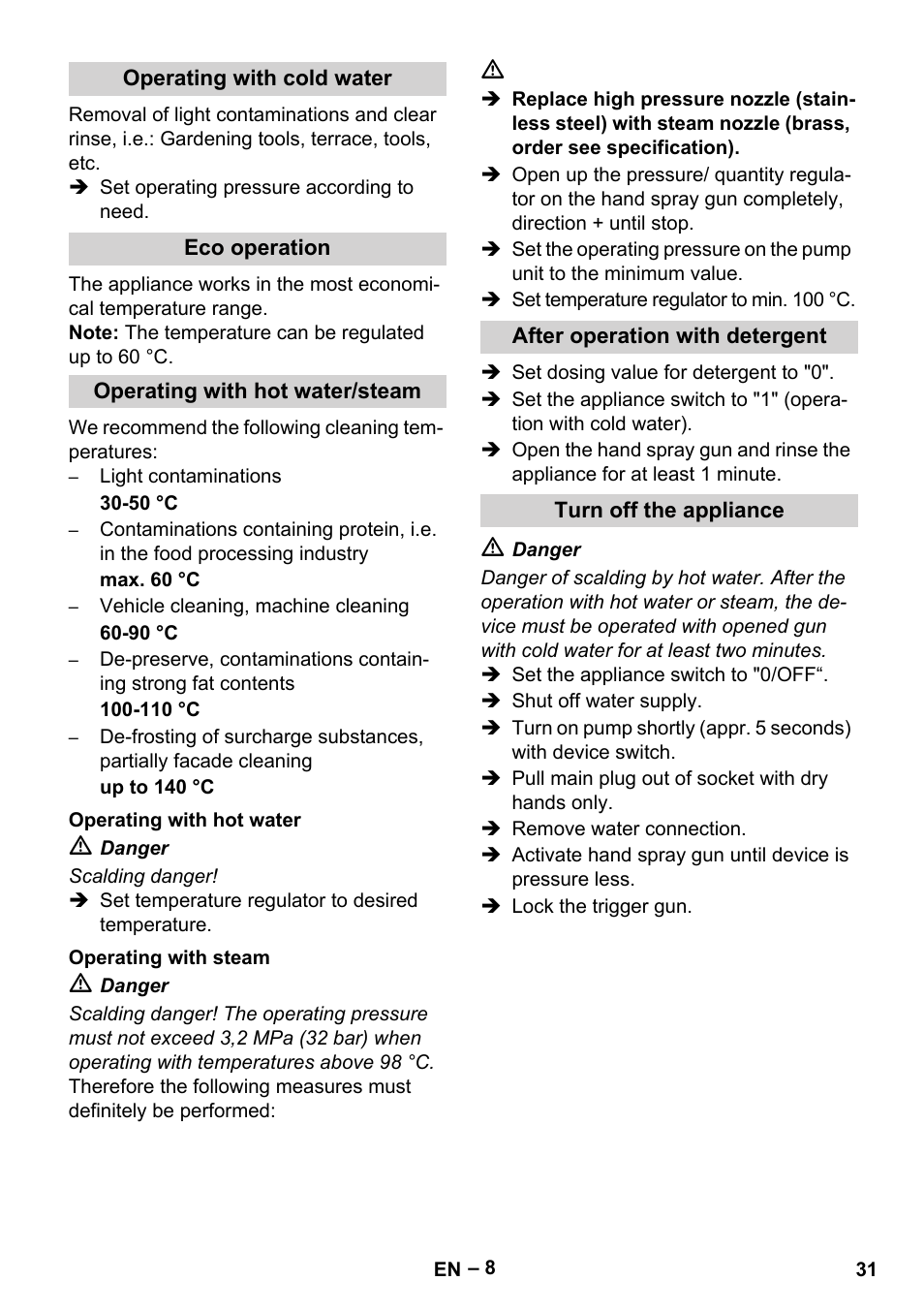 Operating with cold water, Eco operation, Operating with hot water/steam | Operating with hot water, Operating with steam, After operation with detergent, Turn off the appliance | Karcher HDS 10-20 -4M CLASSIC EU-I User Manual | Page 31 / 480