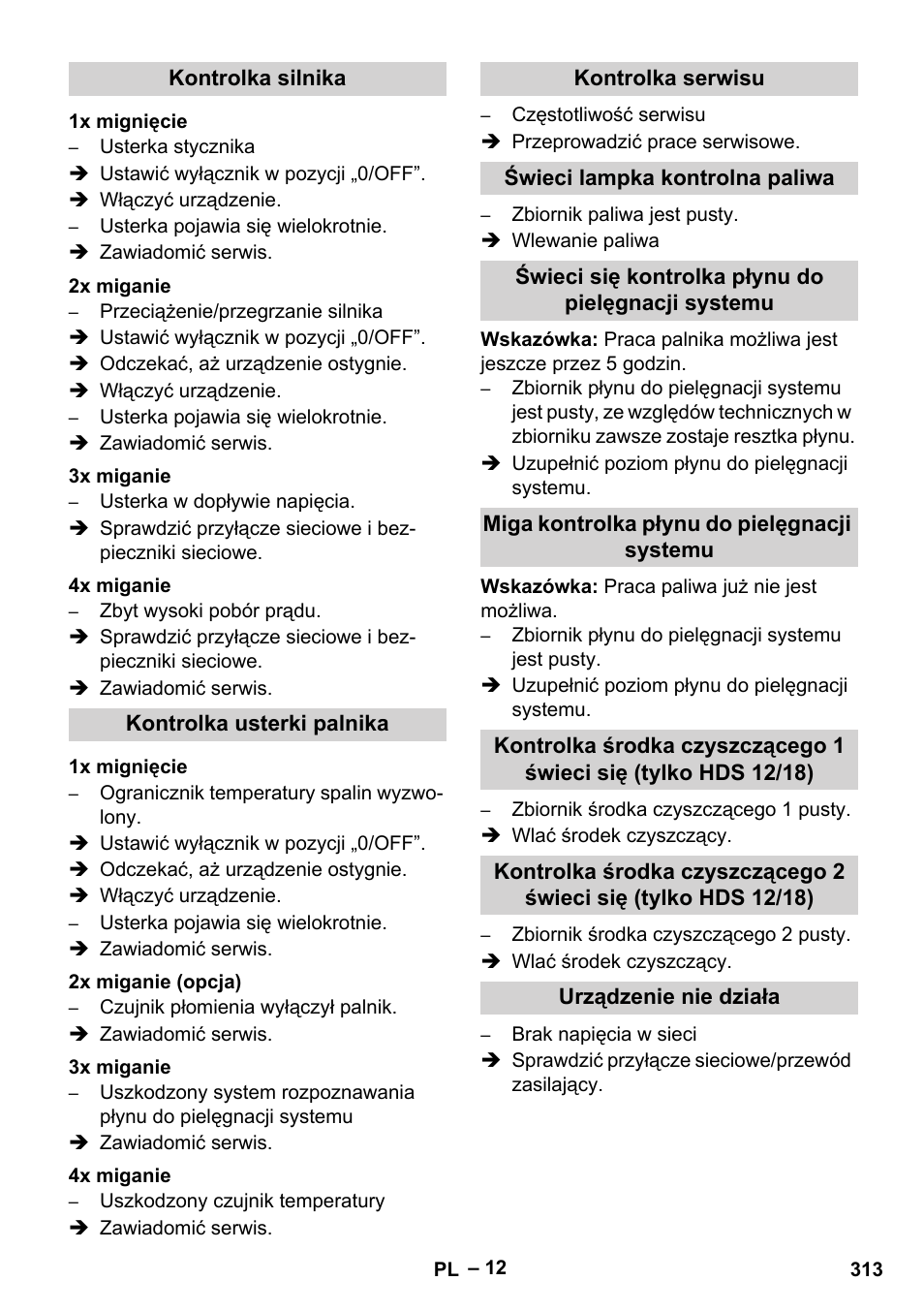 Kontrolka silnika, 1x mignięcie, 2x miganie | 3x miganie, 4x miganie, Kontrolka usterki palnika, 2x miganie (opcja), Kontrolka serwisu, Świeci lampka kontrolna paliwa, Świeci się kontrolka płynu do pielęgnacji systemu | Karcher HDS 10-20 -4M CLASSIC EU-I User Manual | Page 313 / 480