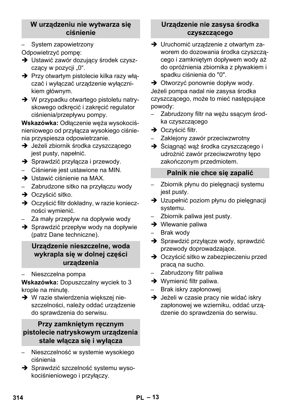 W urządzeniu nie wytwarza się ciśnienie, Urządzenie nie zasysa środka czyszczącego, Palnik nie chce się zapalić | Karcher HDS 10-20 -4M CLASSIC EU-I User Manual | Page 314 / 480